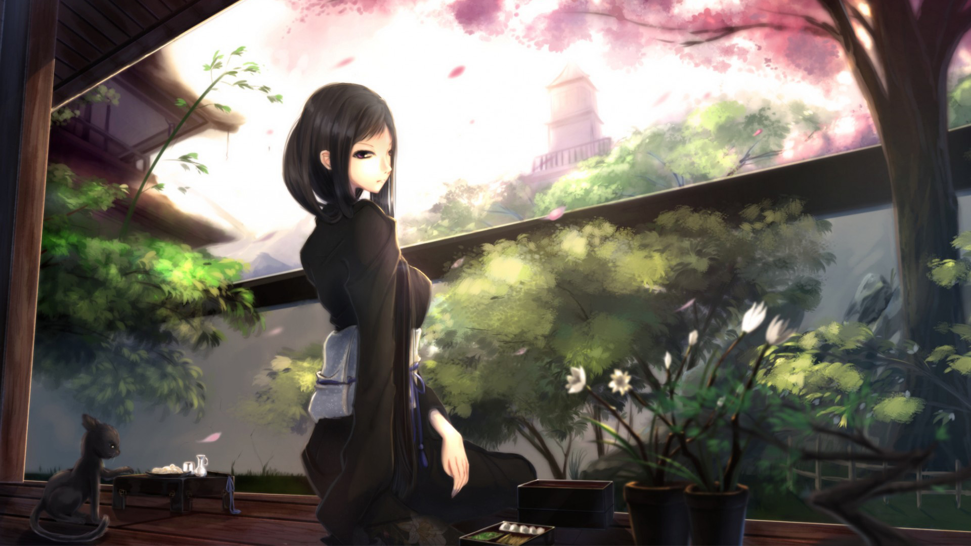 kikivi，女孩，和服，坐着，看，猫，花盆，院子，动漫壁纸