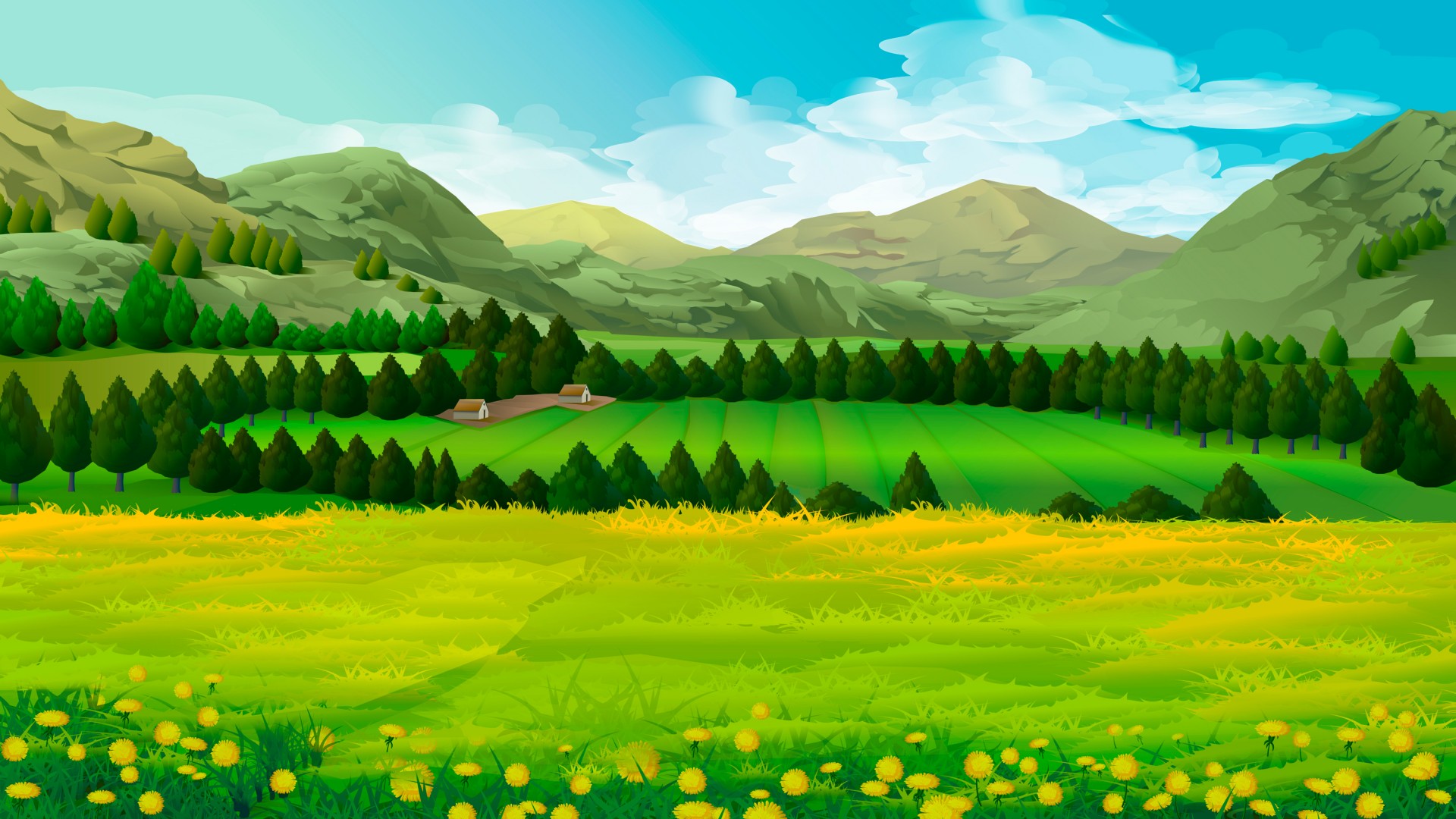 草甸蒲公英与山林美景，精美绘画风格桌面壁纸，免费下载