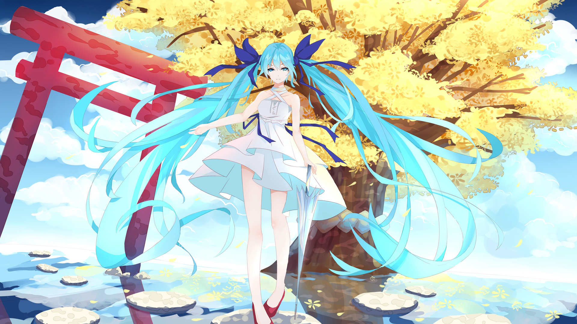 初音未来动漫美女壁纸，树水间的女孩，短裙长腿尽显魅力，免费下载桌面背景
