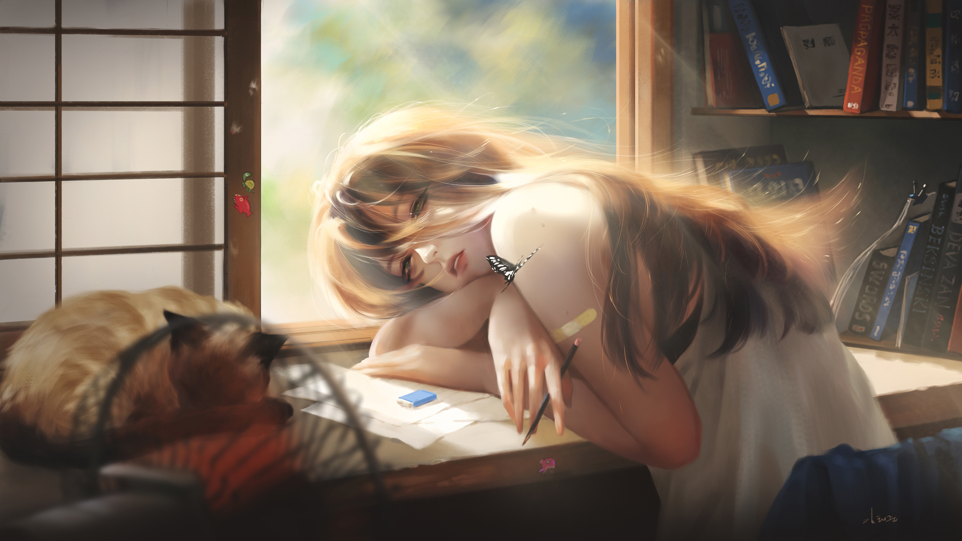 下午休闲时光，精选女孩趴桌插画壁纸，免费动漫电脑壁纸下载