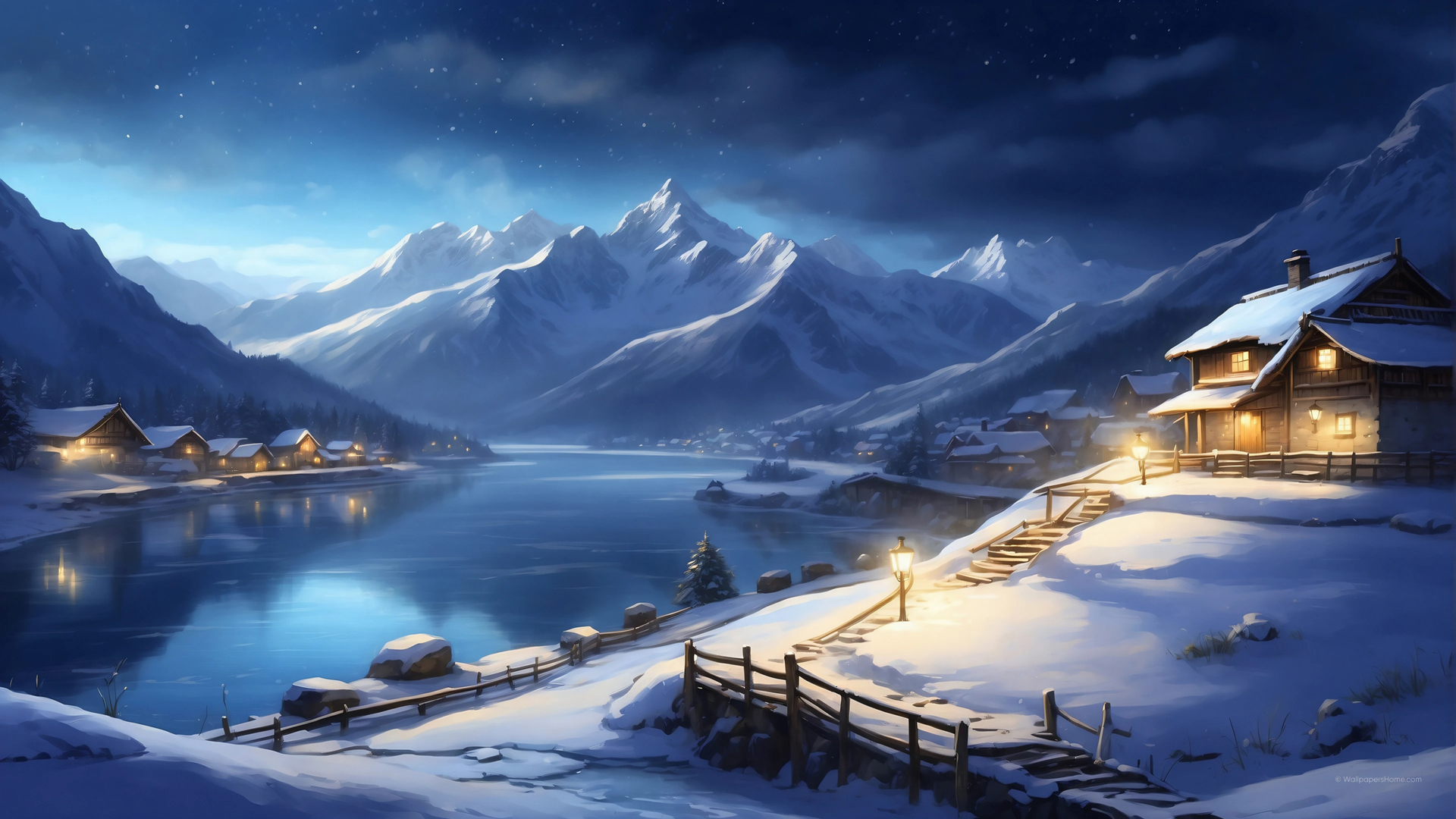 绝美冬季夜景，雪山映湖，灯火温馨，免费高清桌面壁纸下载