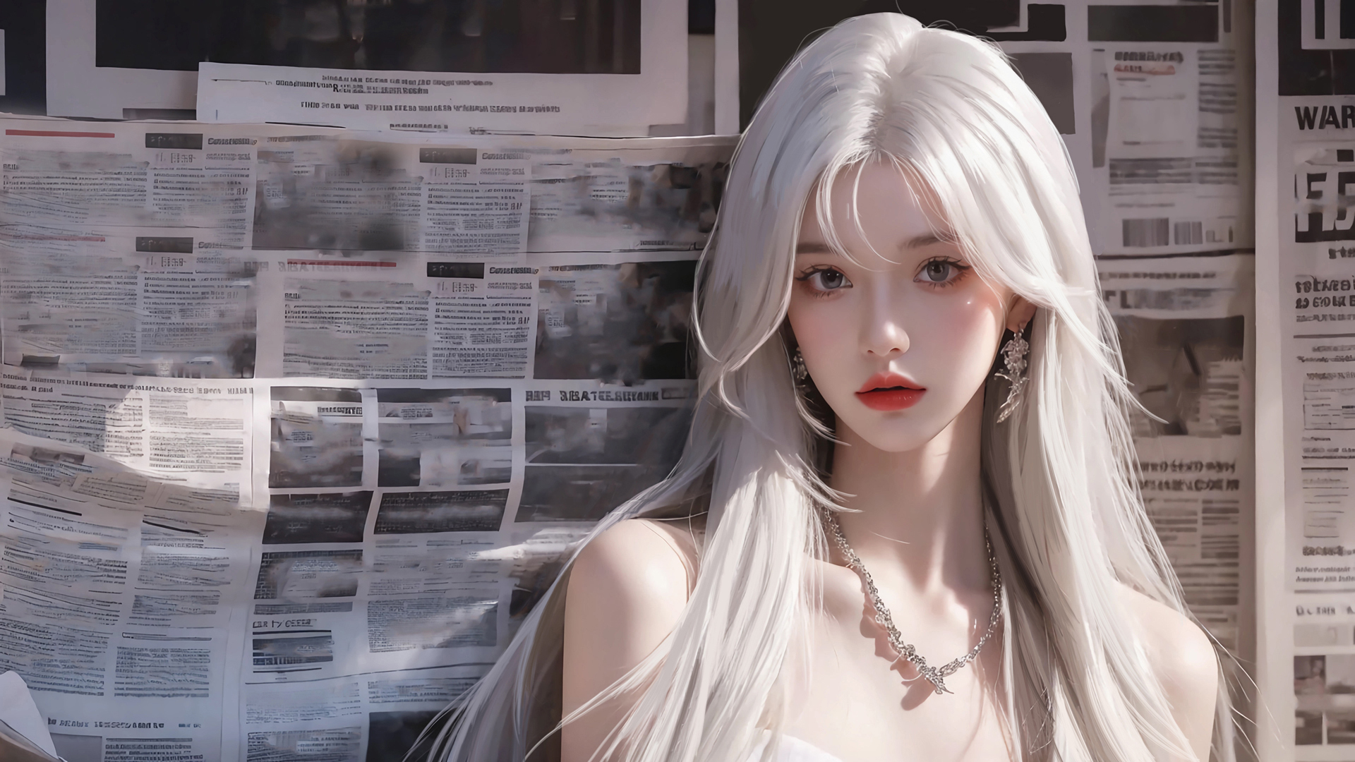 报纸墙美女，免费下载绝美白色长发动漫壁纸，高清电脑背景任你选！