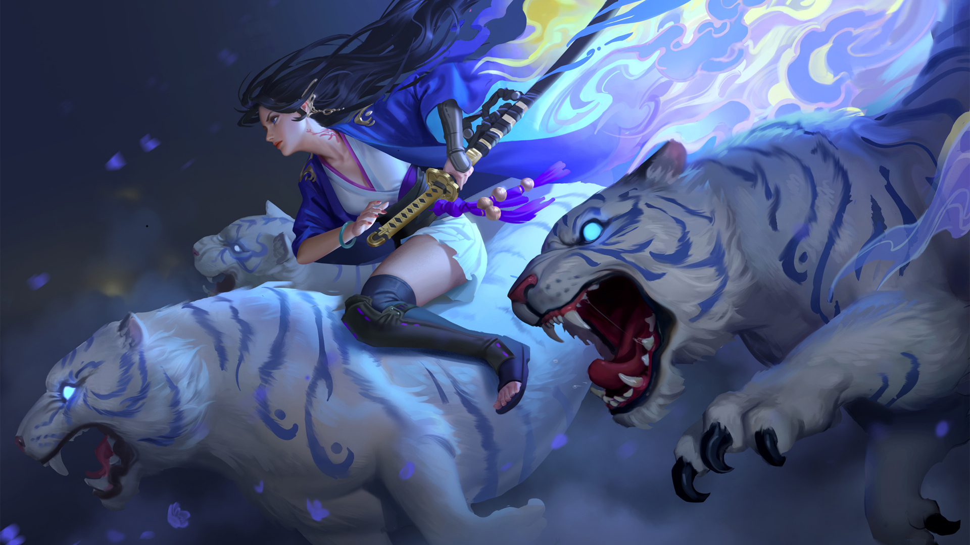 美女 武士刀 老虎 唯美好看动漫壁纸