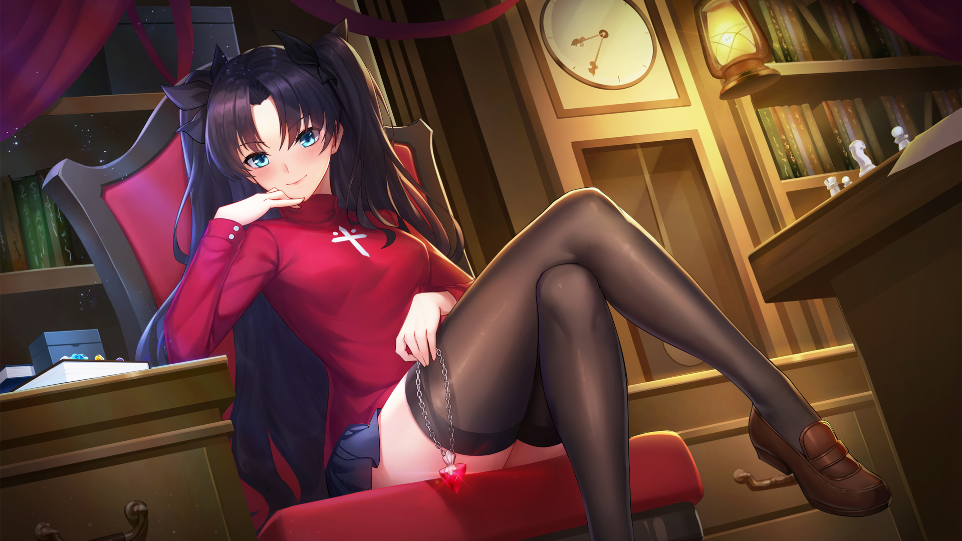 远坂凛（Fate系列）高清动漫美女壁纸下载 - 黑色裤袜二郎腿版