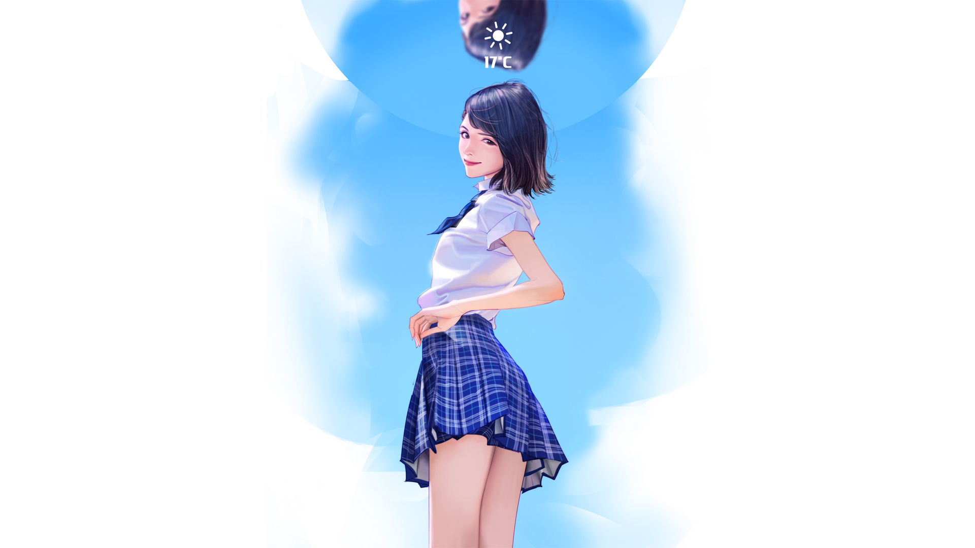 漂亮美女站立 美腿 屁股 白色衬衫 裙子 微笑 个性天气 动漫壁纸