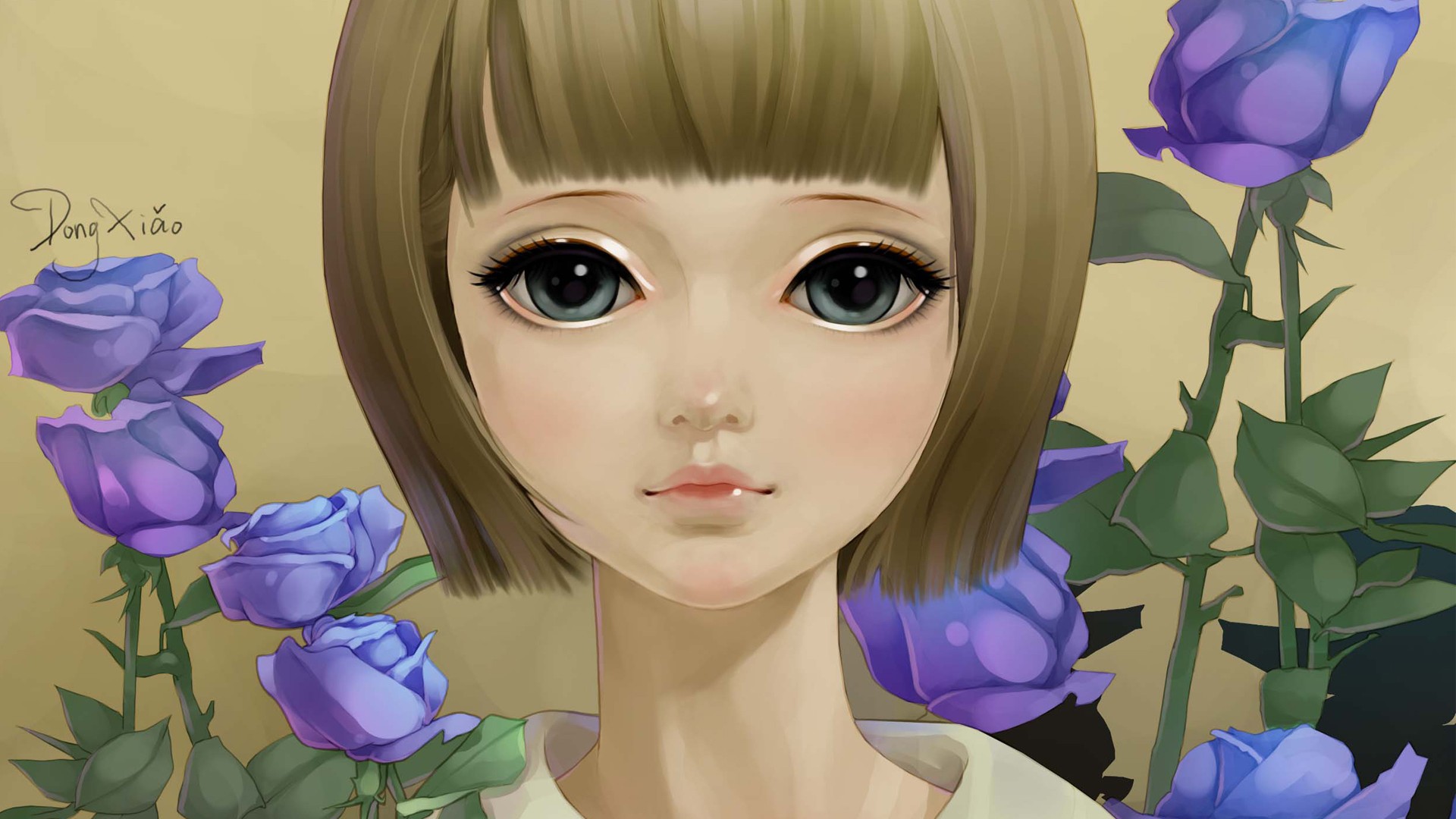 董晓,女孩的脸,玫瑰花,人像照片,绘画可爱壁纸