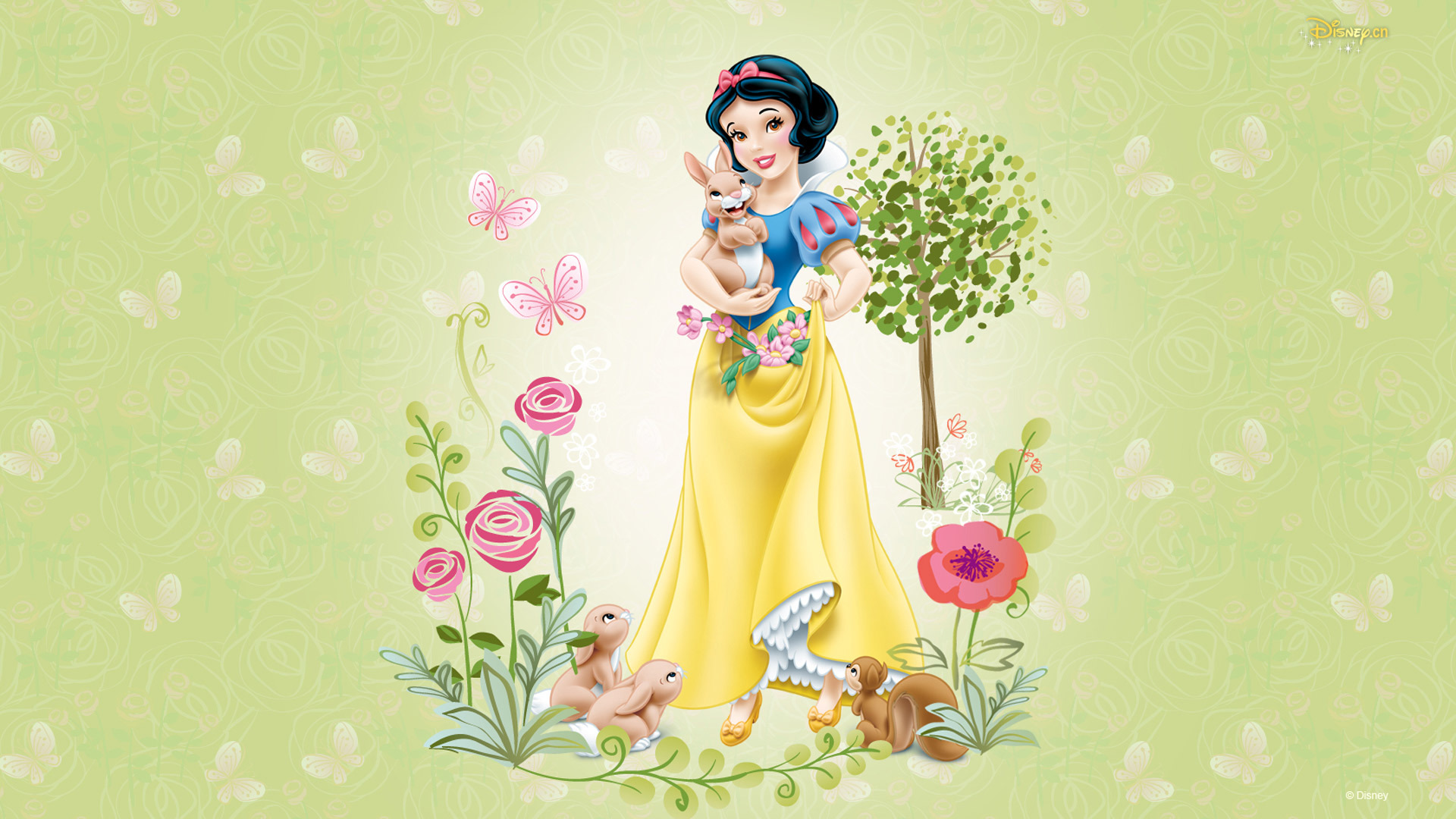 白雪公主奇幻森林，鲜花绽放，树影婆娑，萌兔松鼠相伴 - 免费动漫桌面壁纸下载
