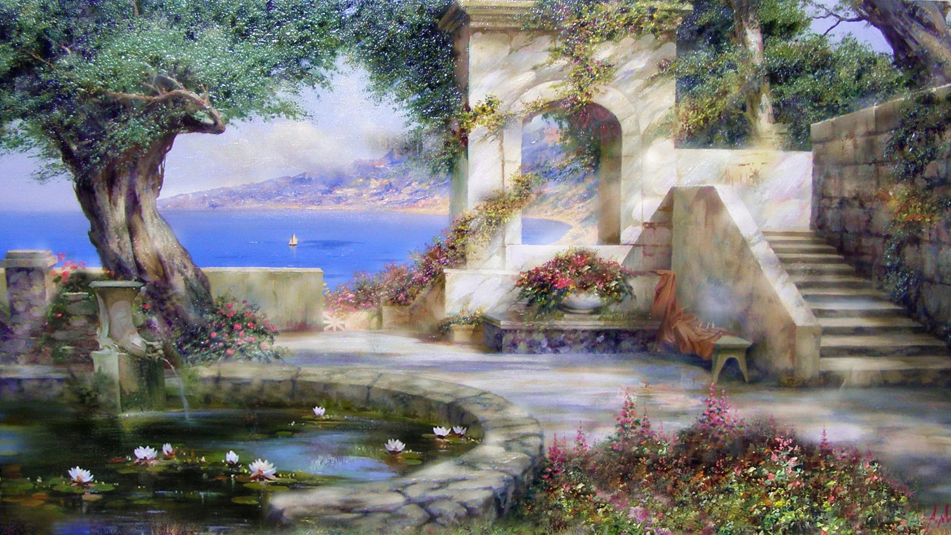 亚历山大·米留可夫艺术佳作，太阳照耀下的海边树荫，绝美风景壁纸，免费下载装点您的桌面！