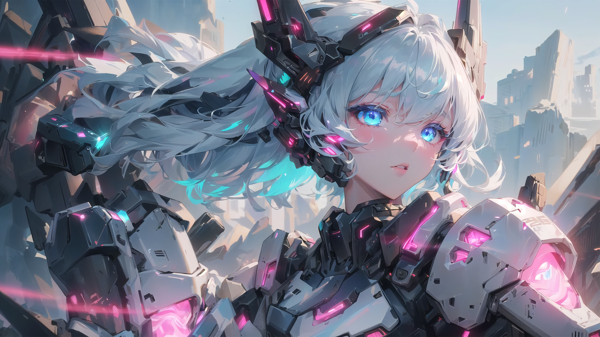 长发蓝眸机甲少女，精选动漫壁纸，免费电脑桌面背景下载