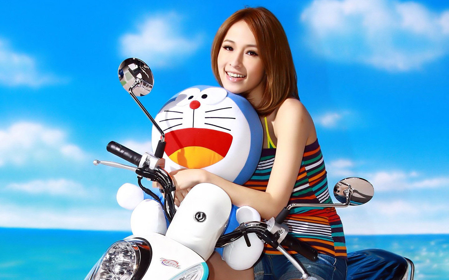 美女与哆啦A梦融合桌面壁纸，高清免费下载，美化你的电脑桌面