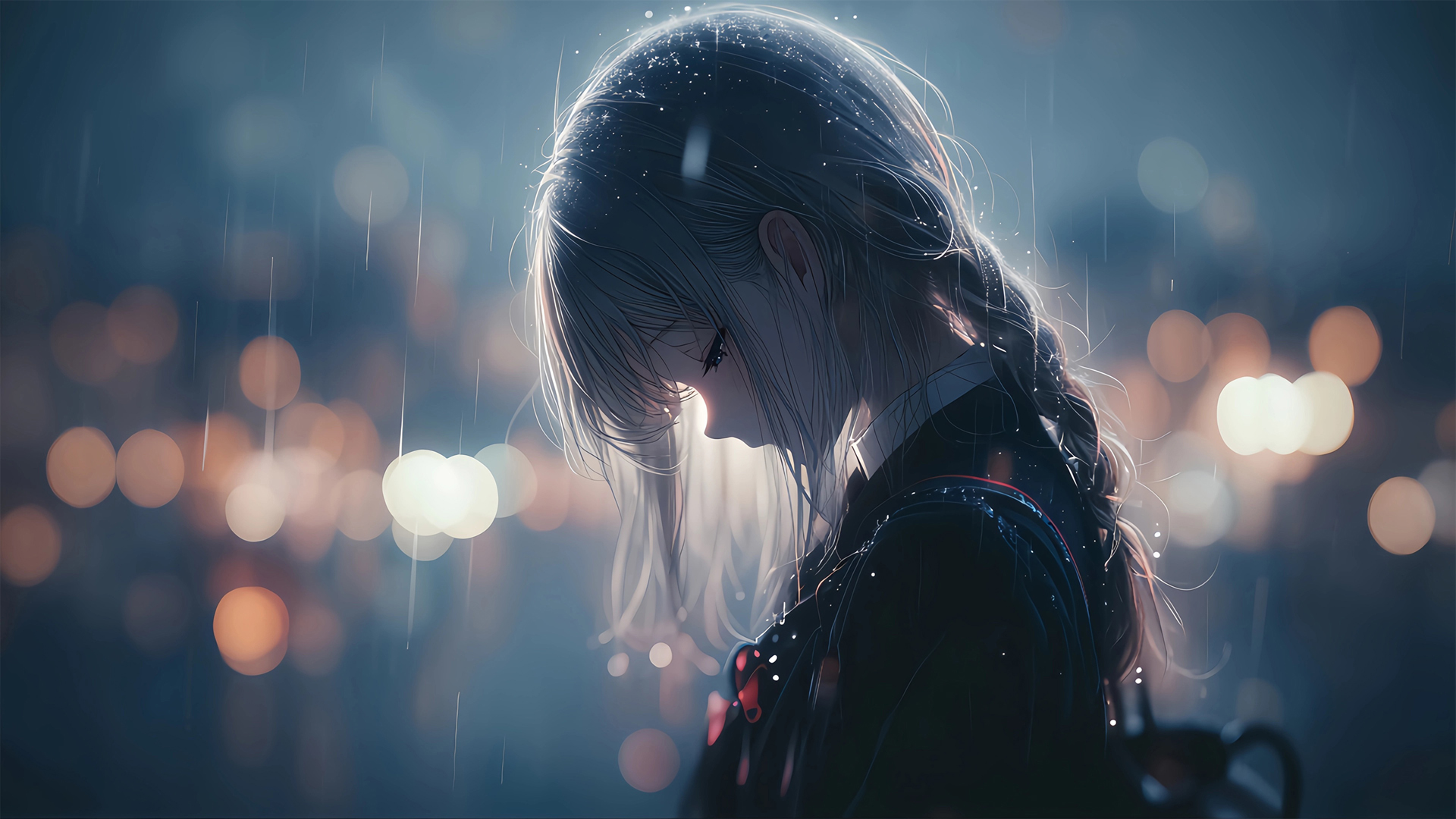 雨中夜景灯光下双马尾少女动漫壁纸，免费下载电脑桌面用