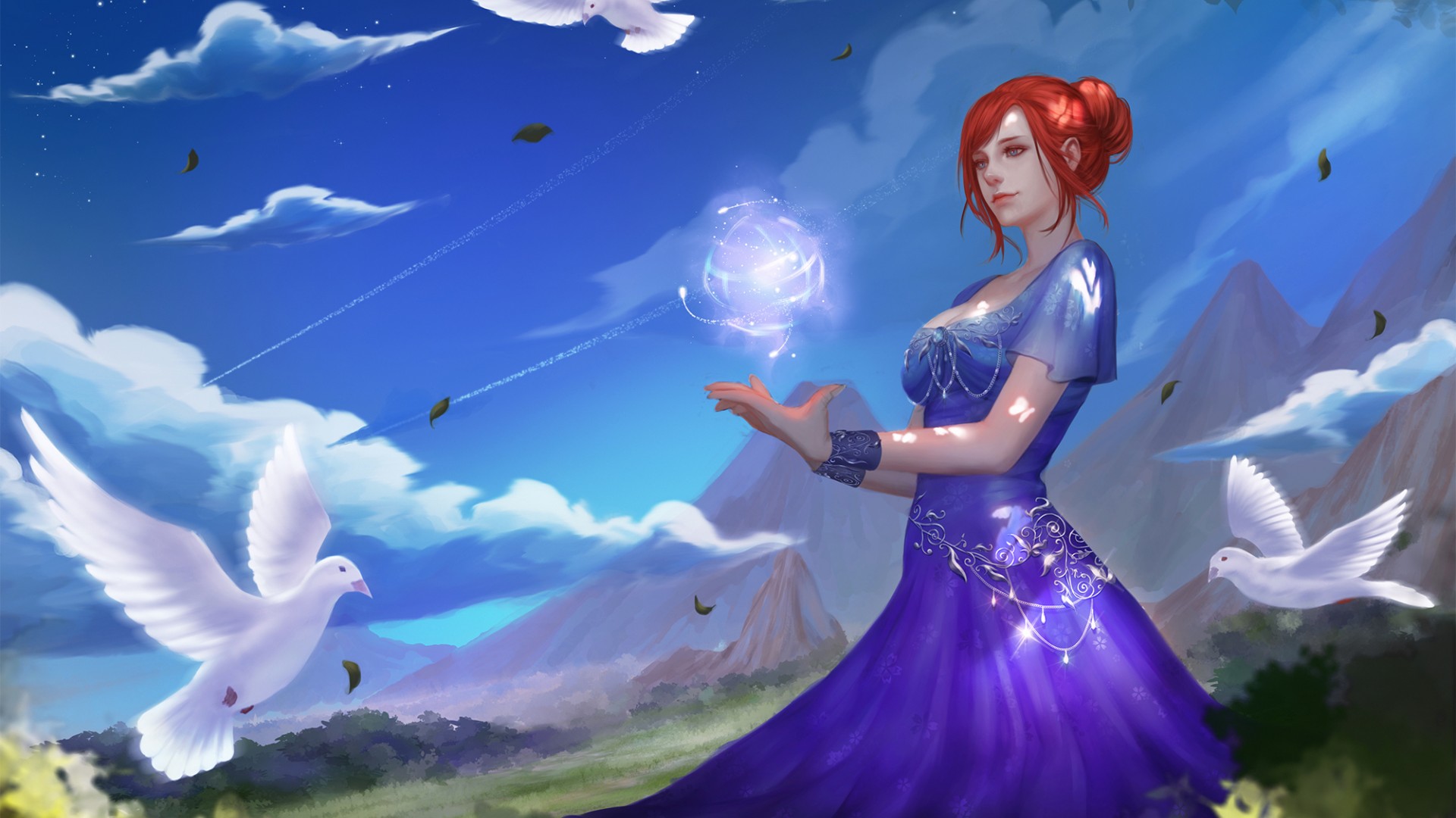 梦幻女孩礼服裙，魔术气球与白鸽共舞，幻想桌面壁纸免费下载
