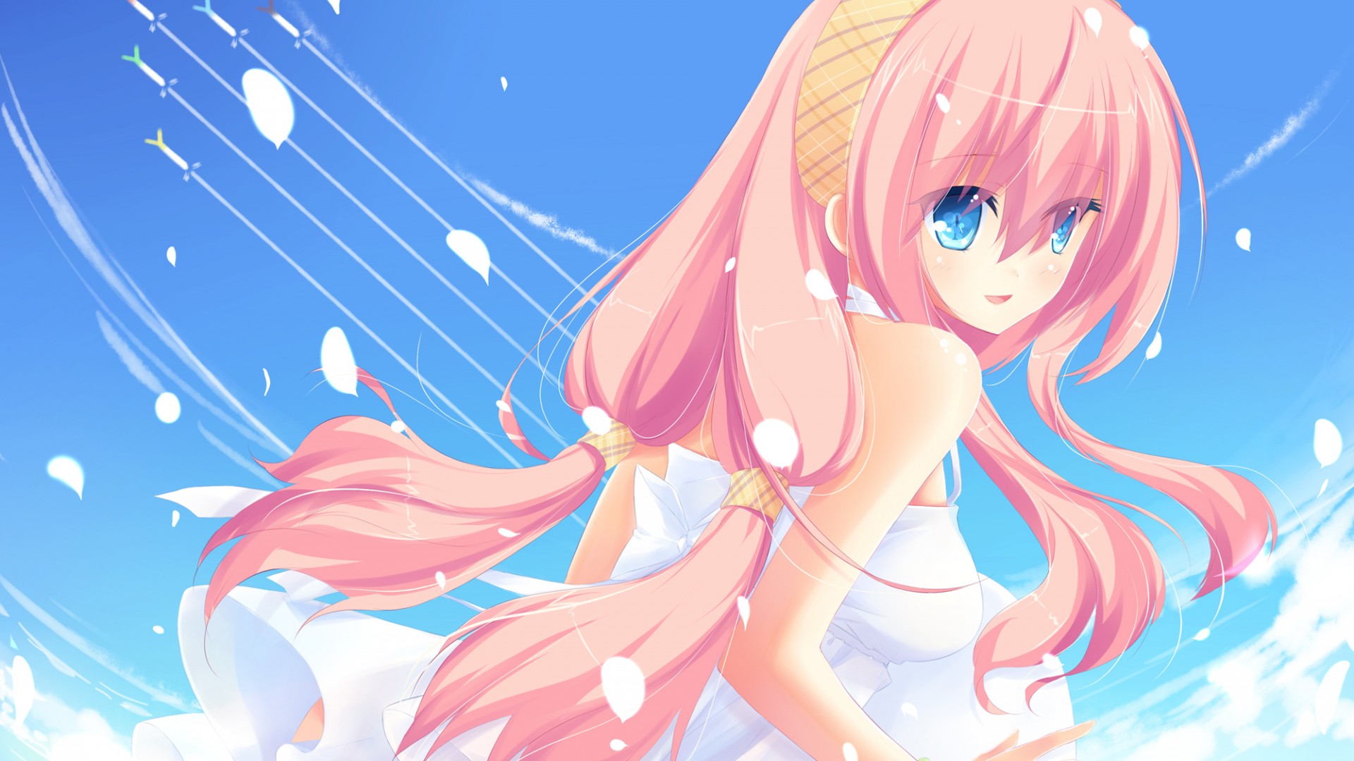 【绝美壁纸】VOCALOID初音未来，长发飘飘的女生，在蓝天下的动漫梦幻之旅，免费电脑壁纸下载！