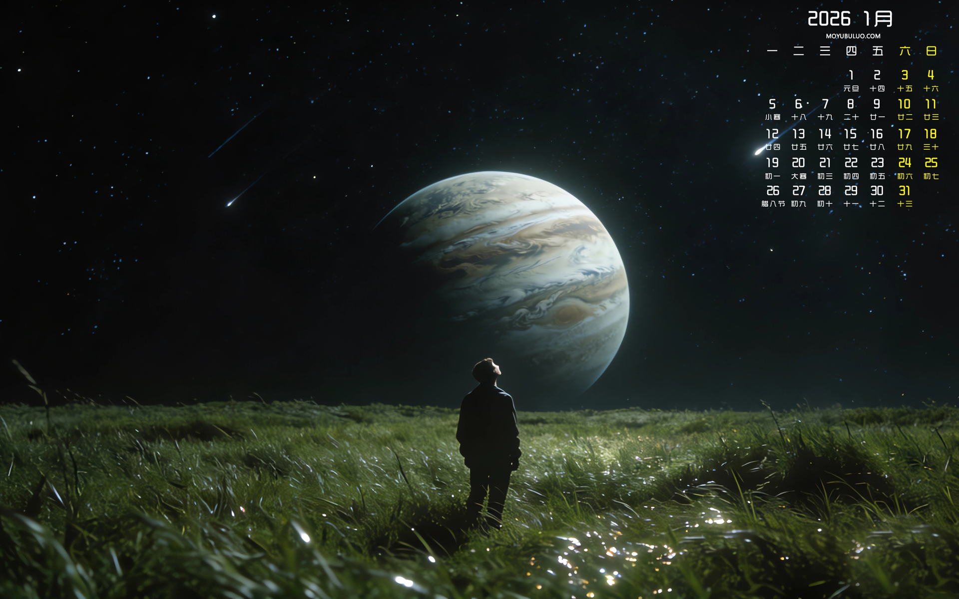2026年1月梦想绿草地星空星球桌面日历免费电脑壁纸下载