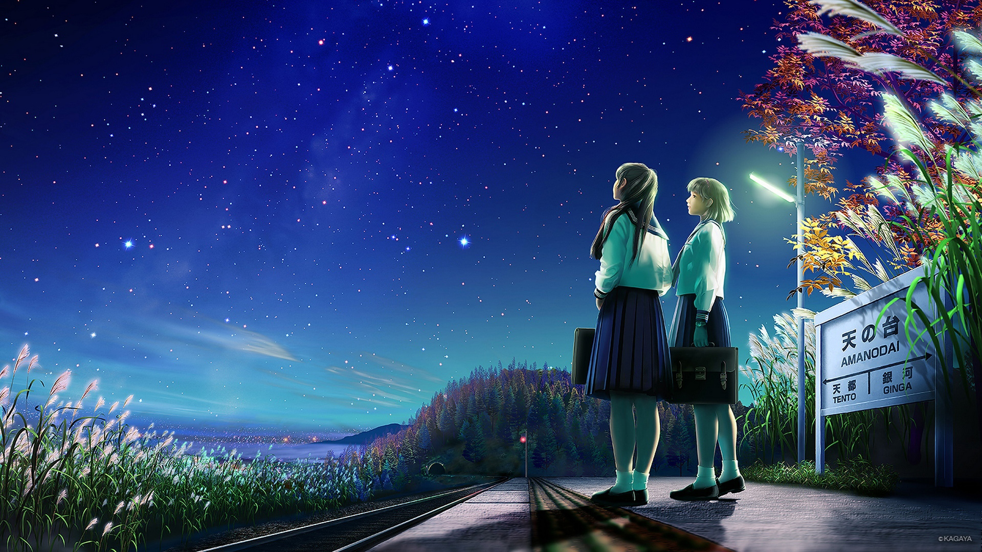 加贺屋之夜，双星伴行，车站风光，绝美动漫女生壁纸免费下载