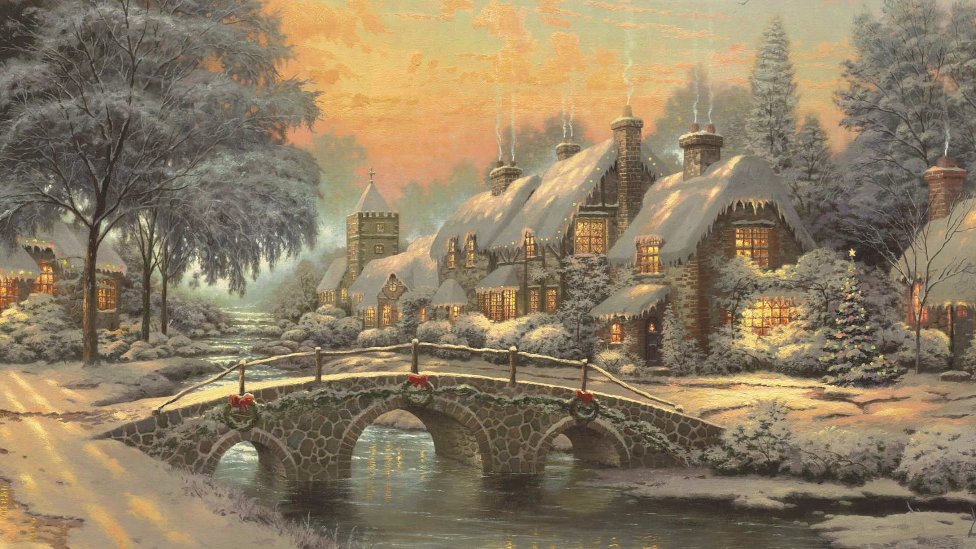 经典圣诞绘画，托马斯·金凯德温馨雪景壁纸，免费下载装点你的桌面