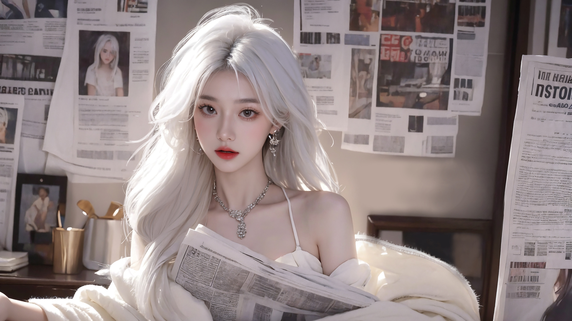 白色大波浪动漫美女 报纸墙 高清壁纸2560x1600