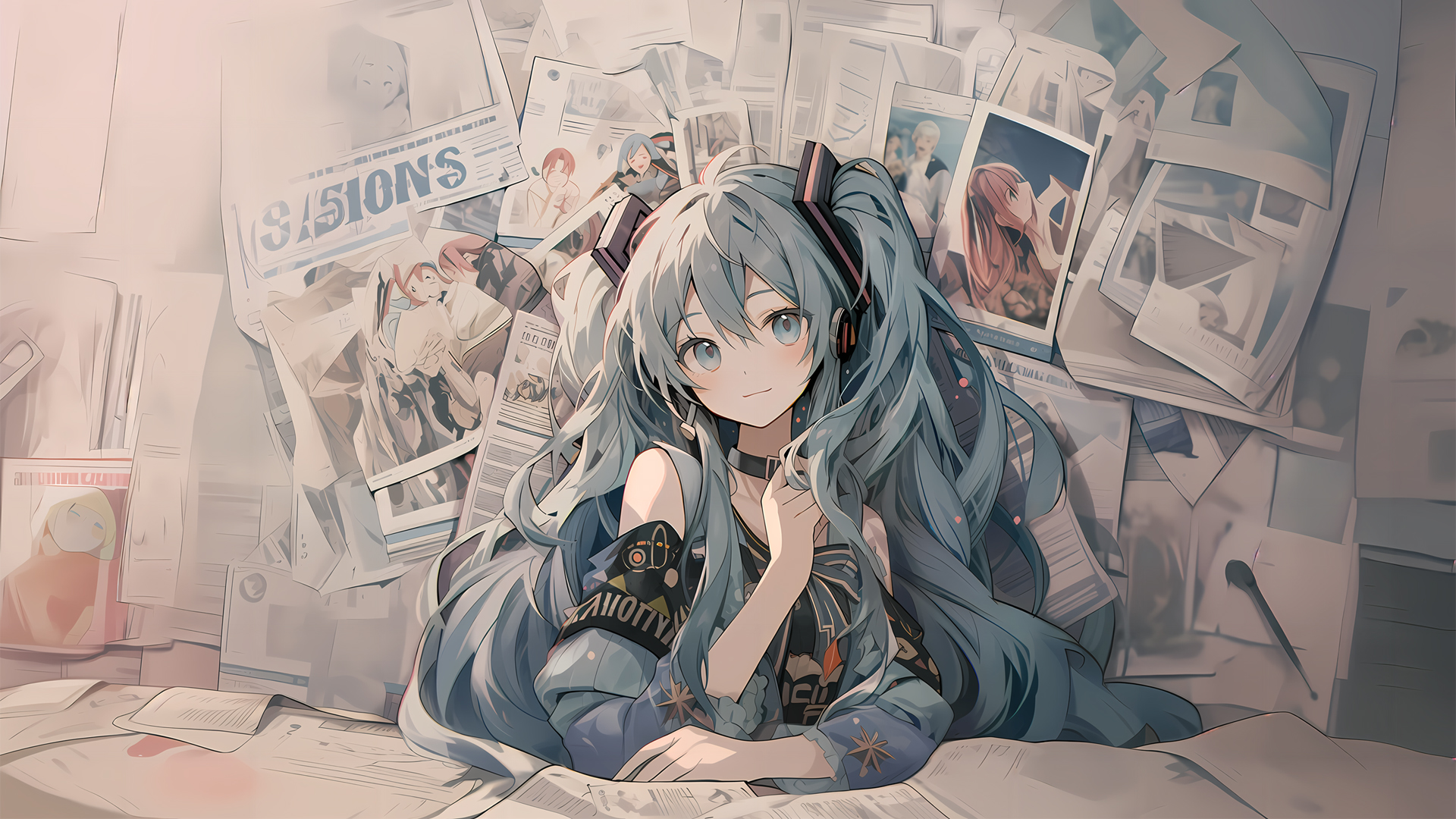 初音未来动漫海报报纸墙桌面壁纸，免费电脑壁纸下载
