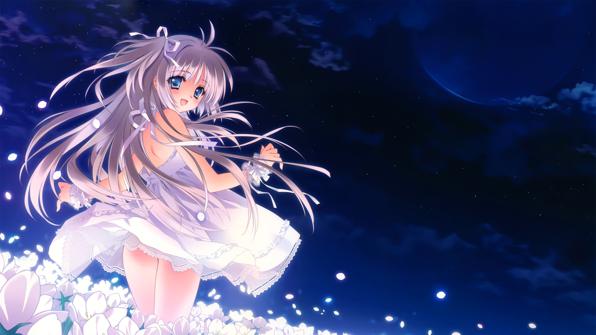 唯美星空动漫壁纸，夜晚天空，月亮星星与花丛中的连衣裙女孩，免费下载电脑壁纸