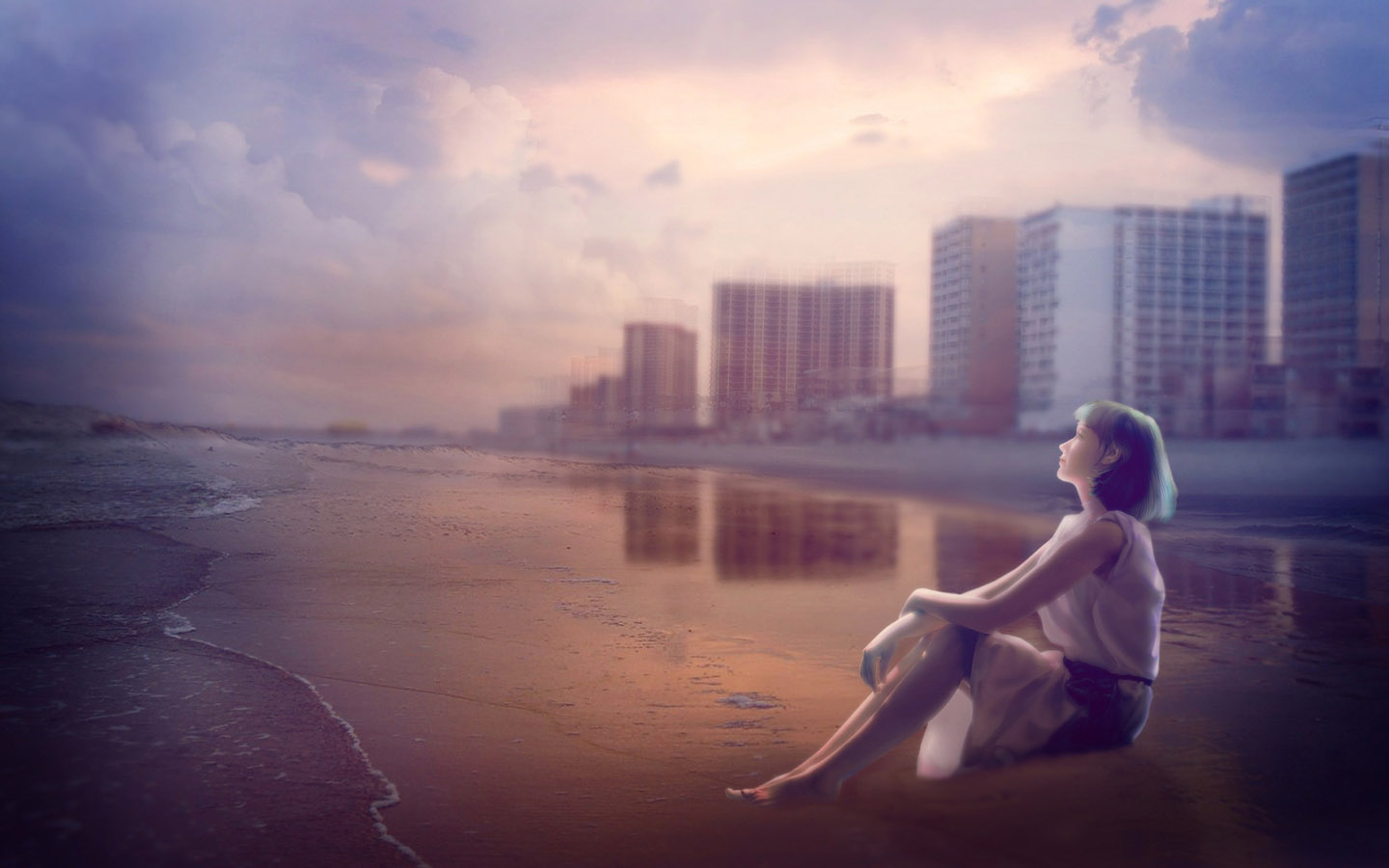 海边女生风景唯美壁纸设计，免费电脑壁纸高清下载