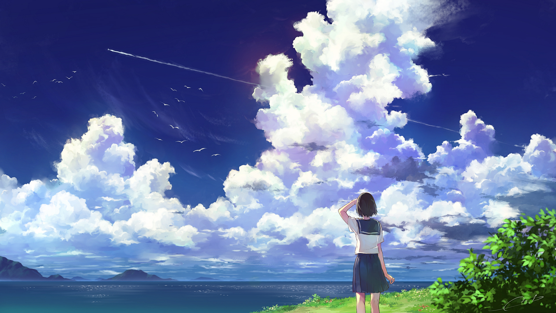 海边倩影，女子水手服背影，天空白云动漫风景壁纸，免费下载电脑桌面美化素材