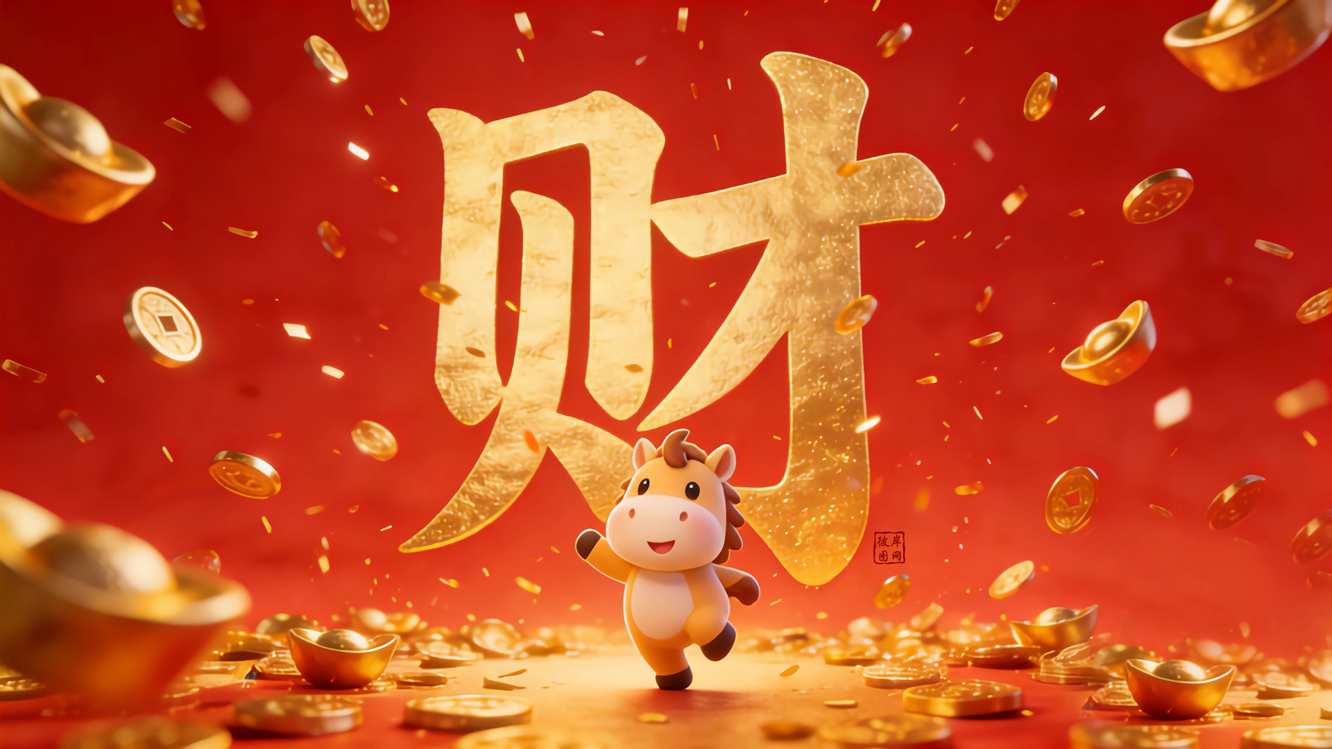 可爱小马财钱雨元宝金币过年喜庆高清节日免费电脑壁纸下载