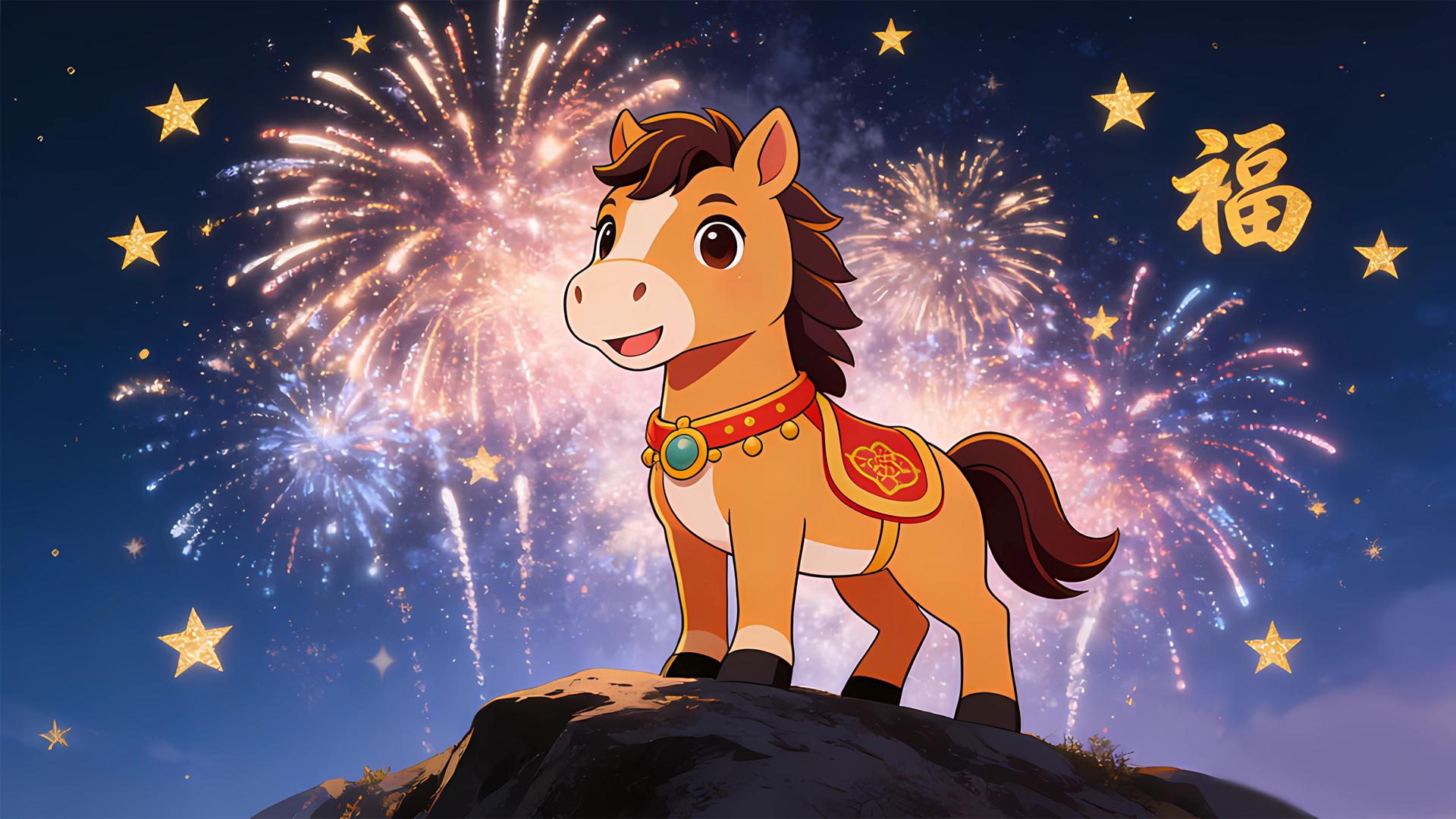 2026新年可爱小马烟花背景节日免费电脑壁纸下载