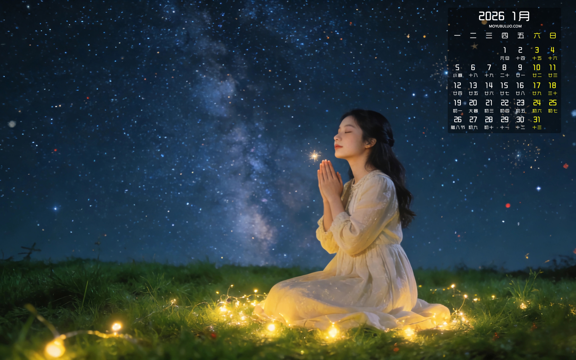 星空少女许愿2026年1月日历免费电脑壁纸下载