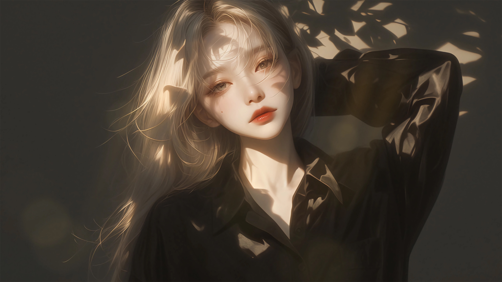暗色系长发动漫少女穿黑衣唯美壁纸，免费电脑壁纸下载