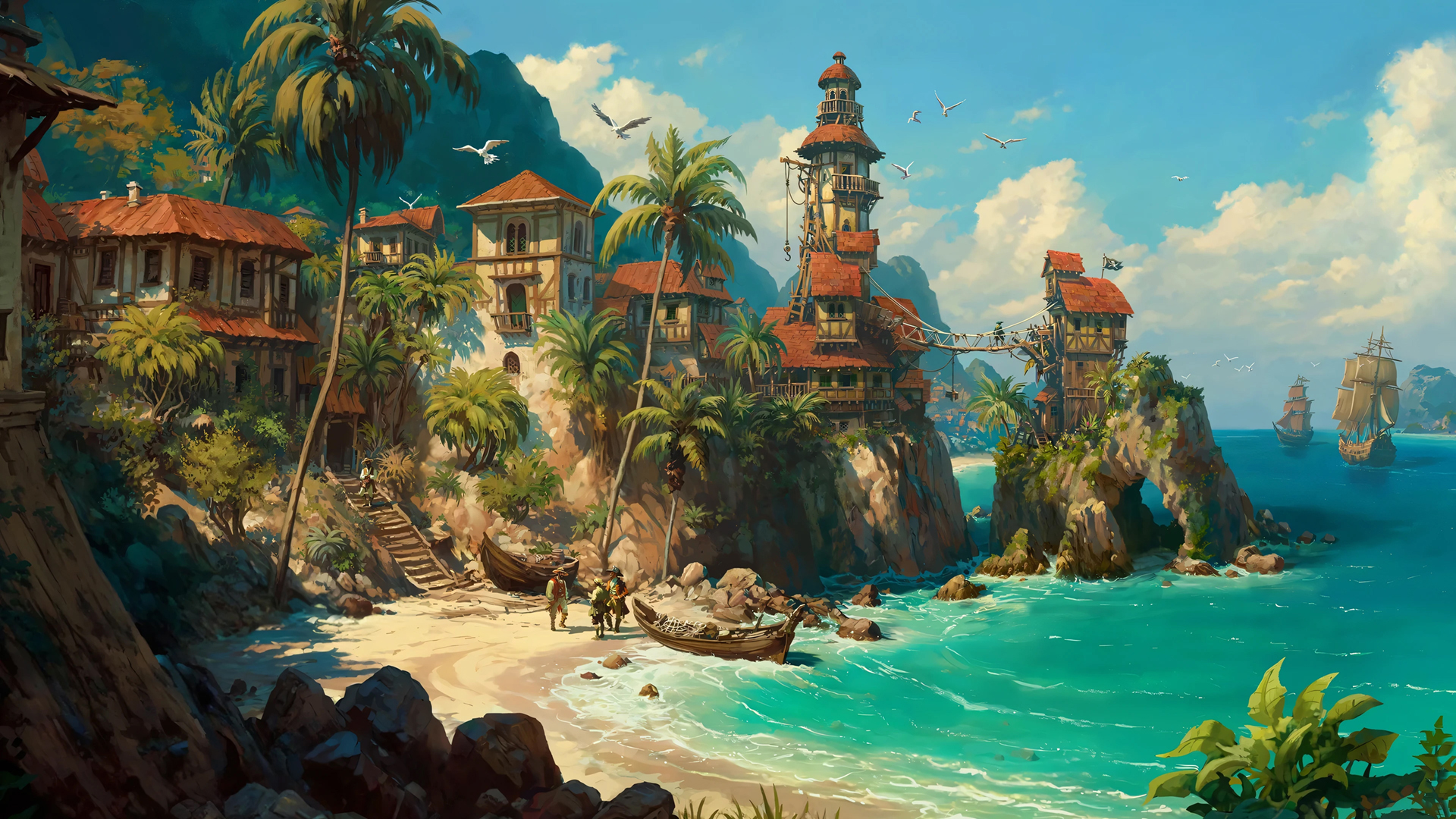 《Forge of Empires》海岸风光，棕榈树、海浪与帆船壁纸，免费电脑壁纸下载