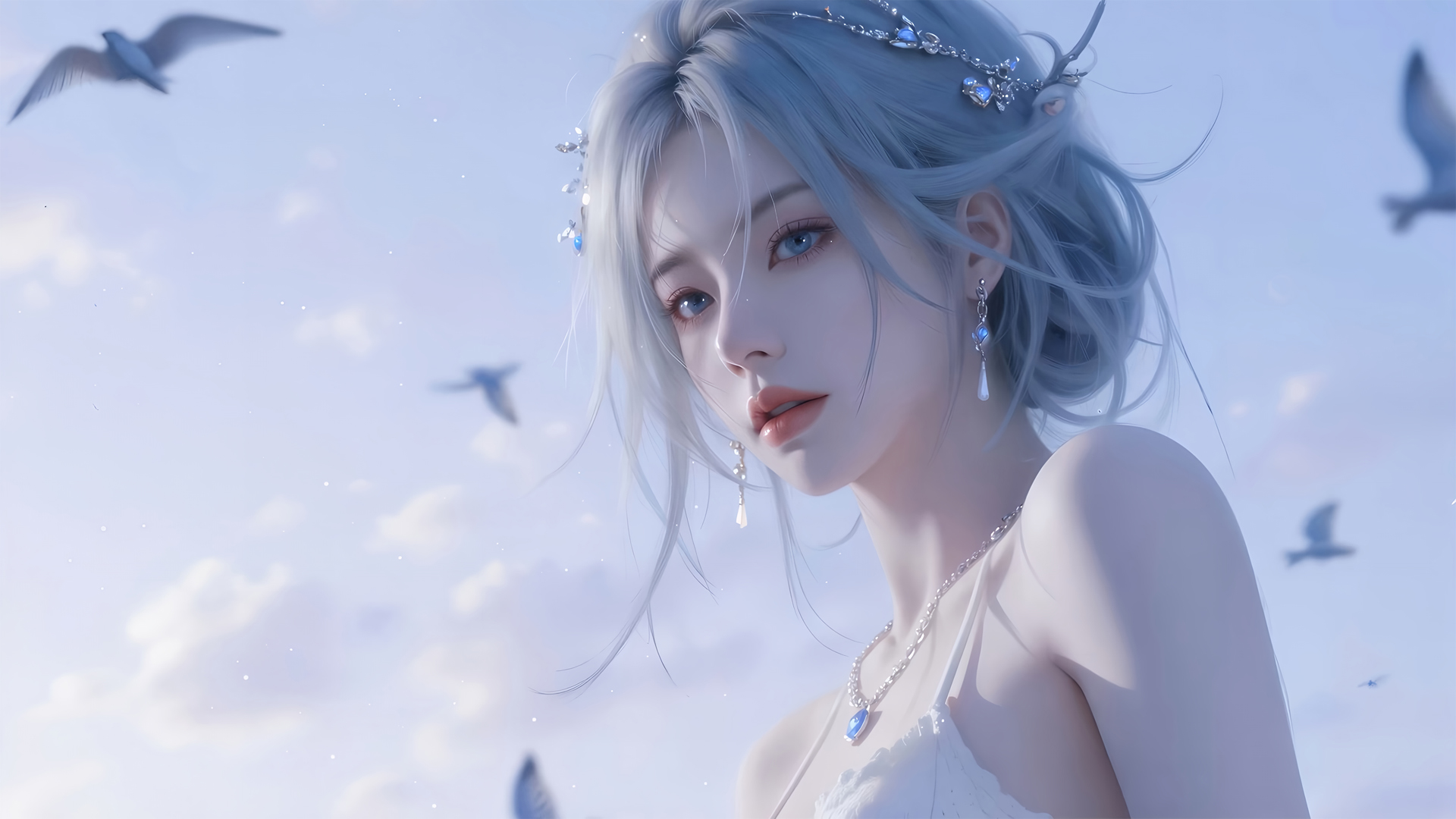 唯美公主与海鸥，动漫美女桌面壁纸免费下载