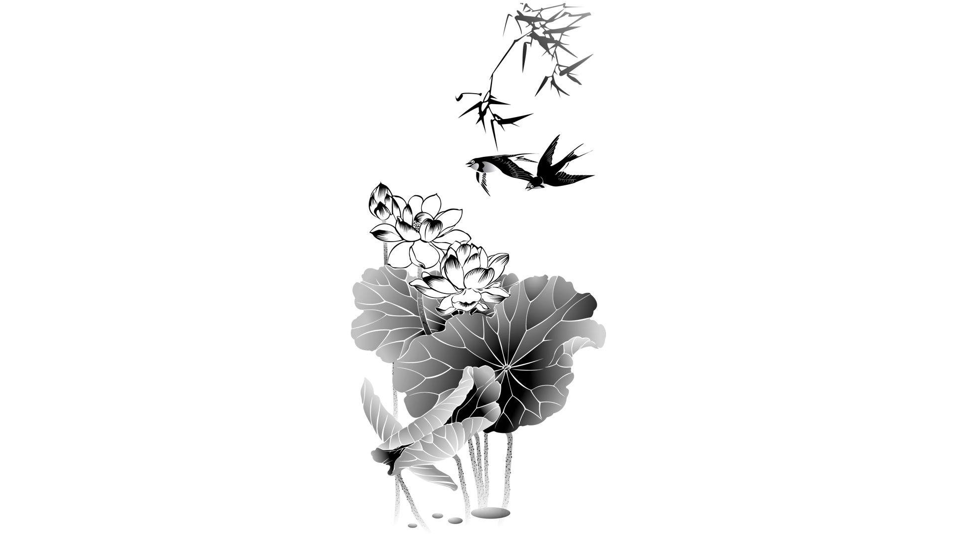黑白水墨荷花矢量壁纸，免费电脑壁纸下载