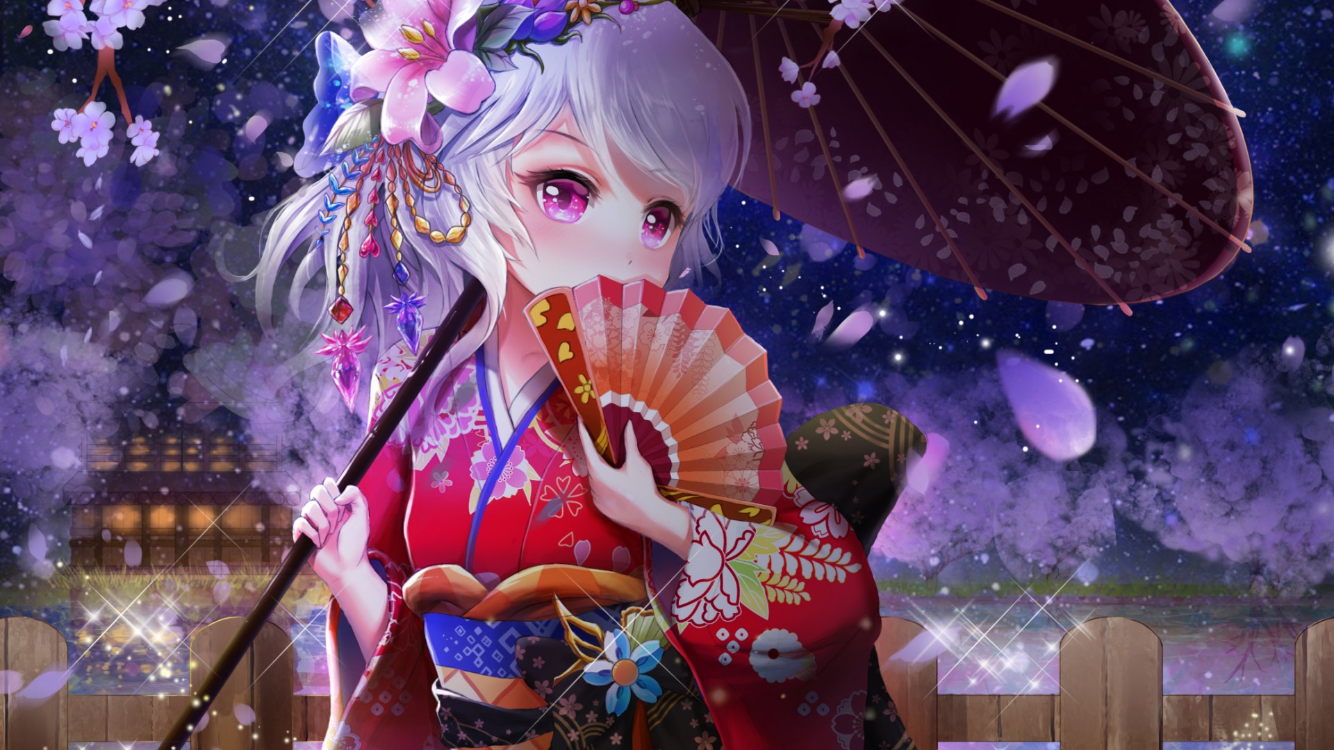 女孩浴衣和服，樱花伞扇相伴——唯美动漫桌面壁纸免费下载