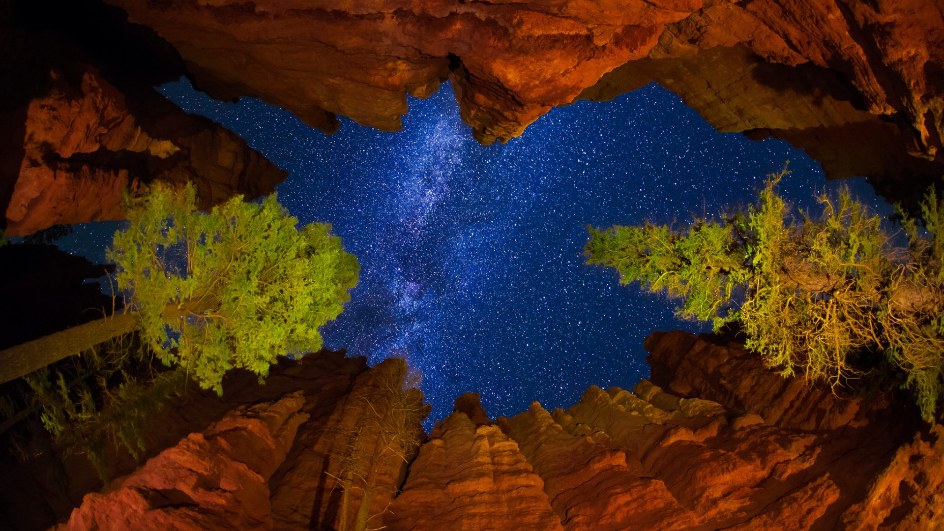 美国犹他州山景，夜晚星空下的树与岩石，绝美风景壁纸免费下载