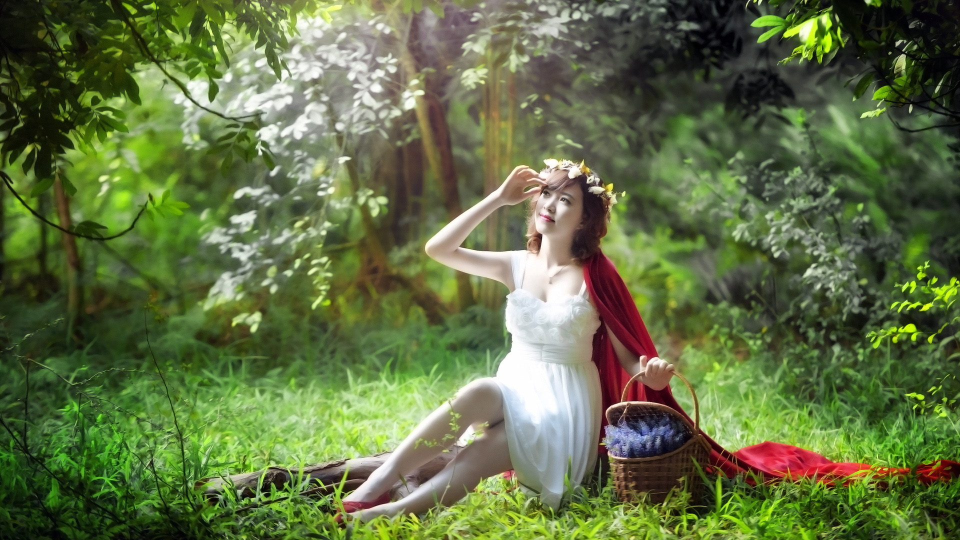 森林童话，白衣女孩与花篮，精选美女壁纸免费下载