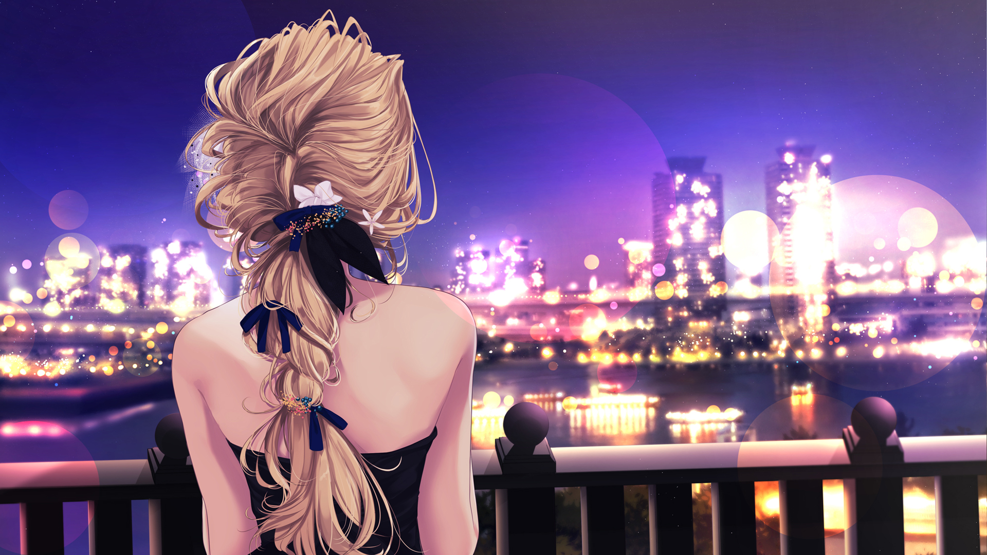 动漫女孩背影点亮城市夜景，免费电脑壁纸下载