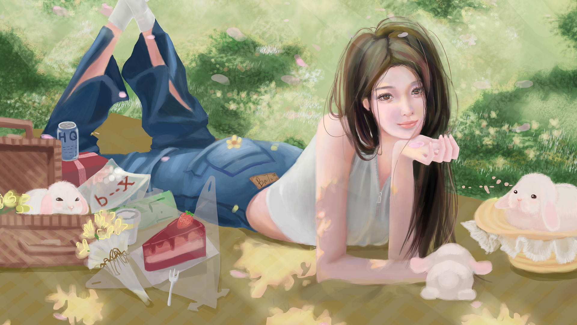 野餐时光，树荫下的草地女孩，精美厚涂动漫壁纸免费下载