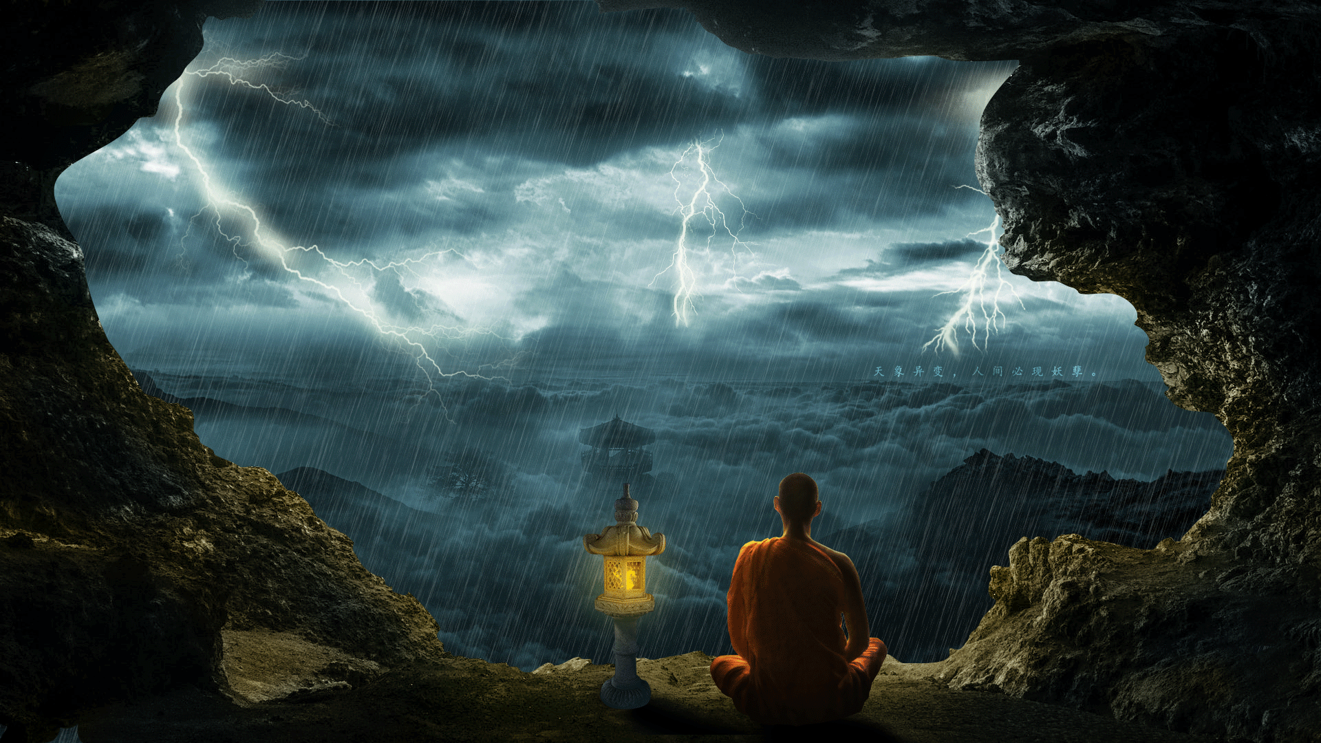 和尚静修禅定，雨打雷鸣乌云翻涌，动态电脑壁纸免费下载