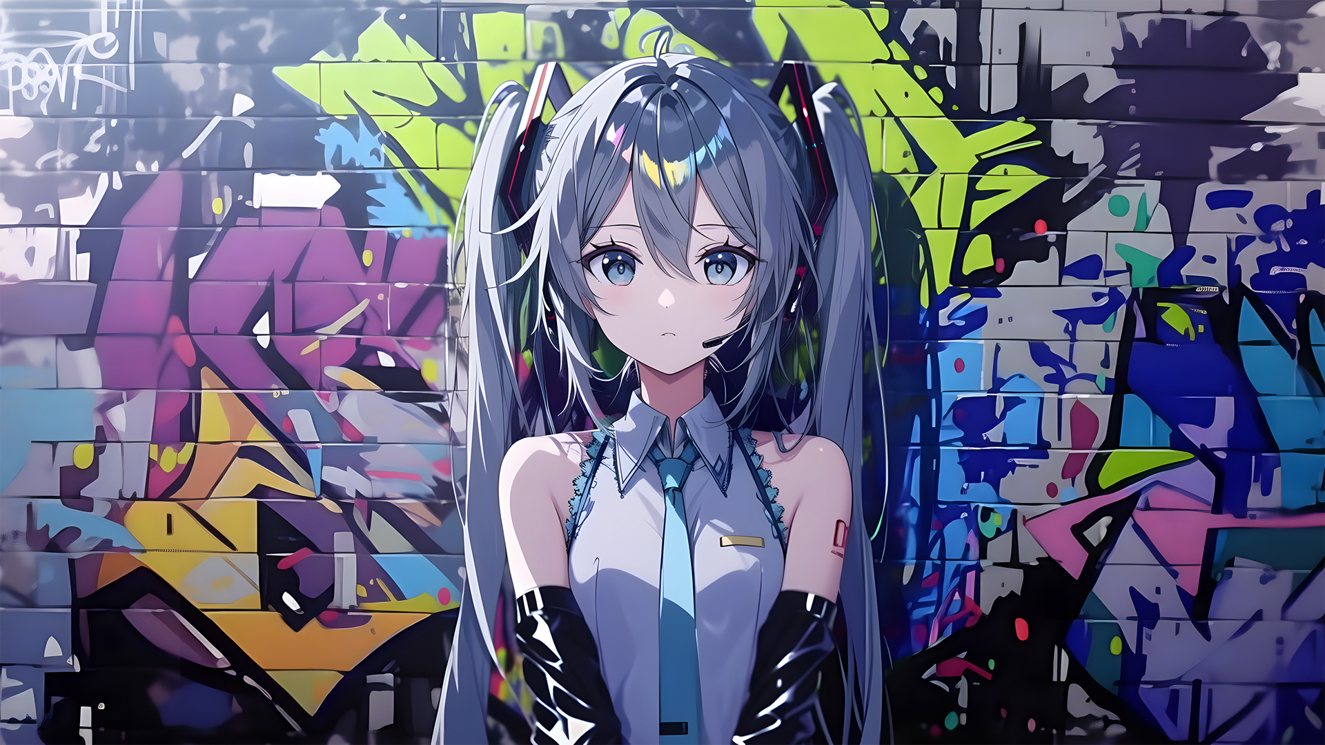 初音未来涂鸦墙动漫壁纸，免费电脑桌面壁纸下载