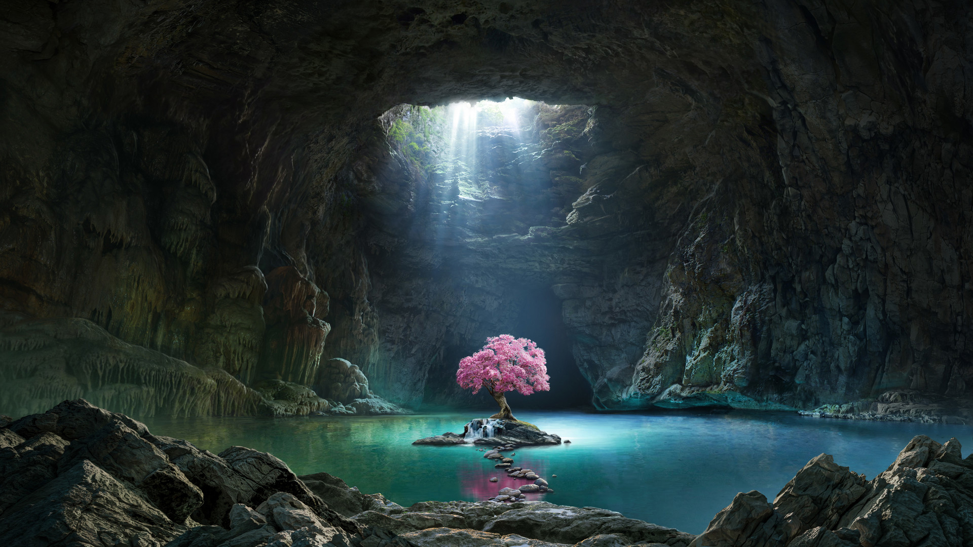 高清石洞风景壁纸，阳光洒落湖水，粉色树木映衬岩石之美，免费下载电脑壁纸