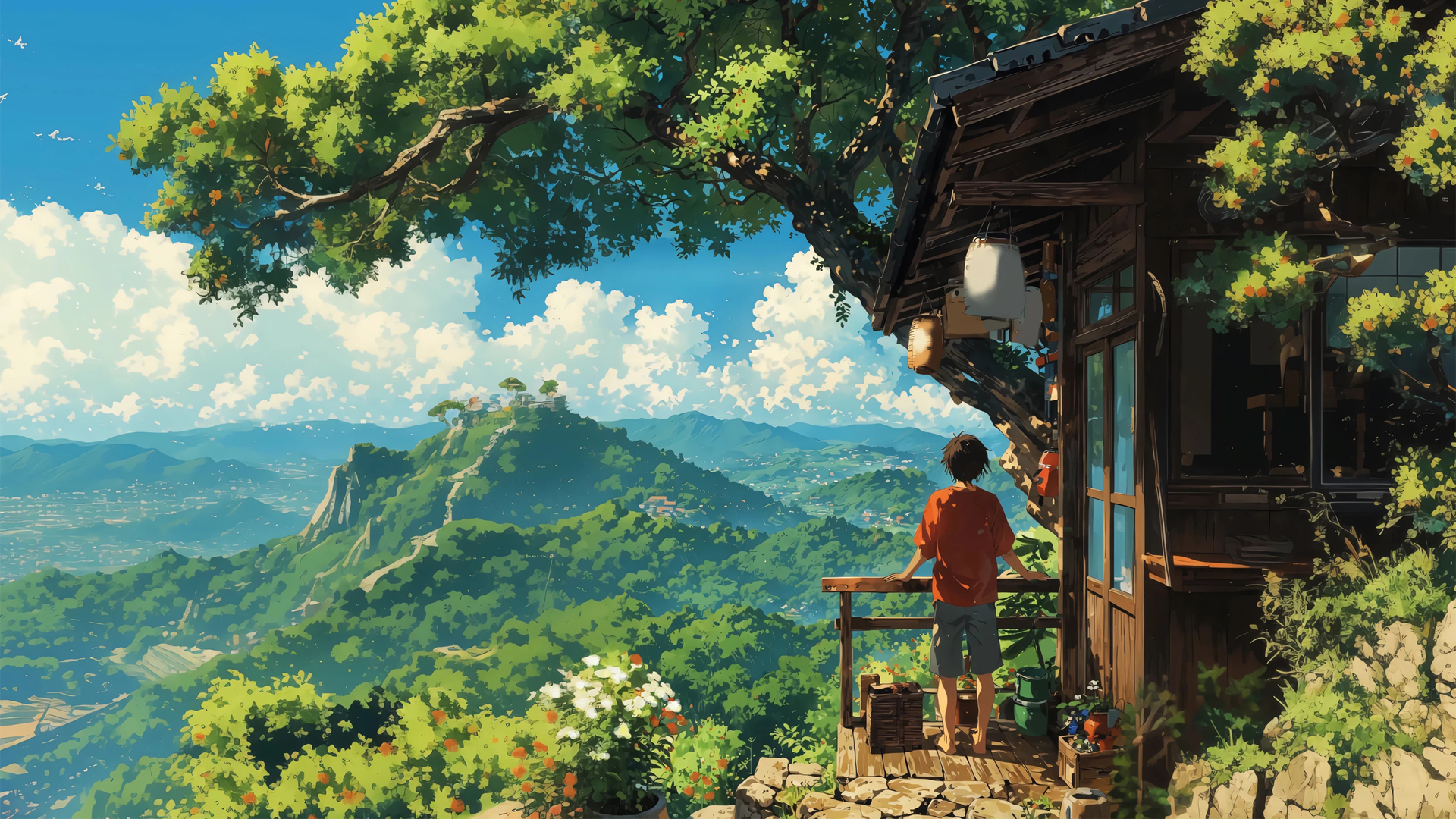 山居夏景，小男孩与小房子的绝美风景电脑壁纸免费下载