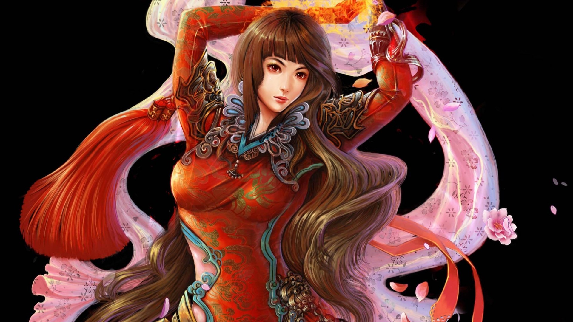 女孩幻想，女神之花瓣艺术，唯美动漫美女壁纸，黑色背景，免费下载