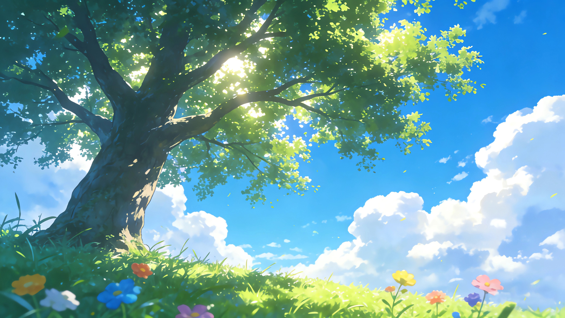 蓝天白云绿树草地鲜花小清新风景电脑壁纸免费下载