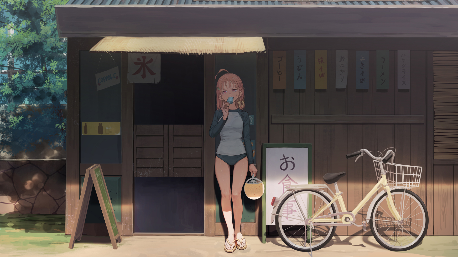 二次元日本动漫少女，夏天海家小卖部与单车，精选壁纸免费下载