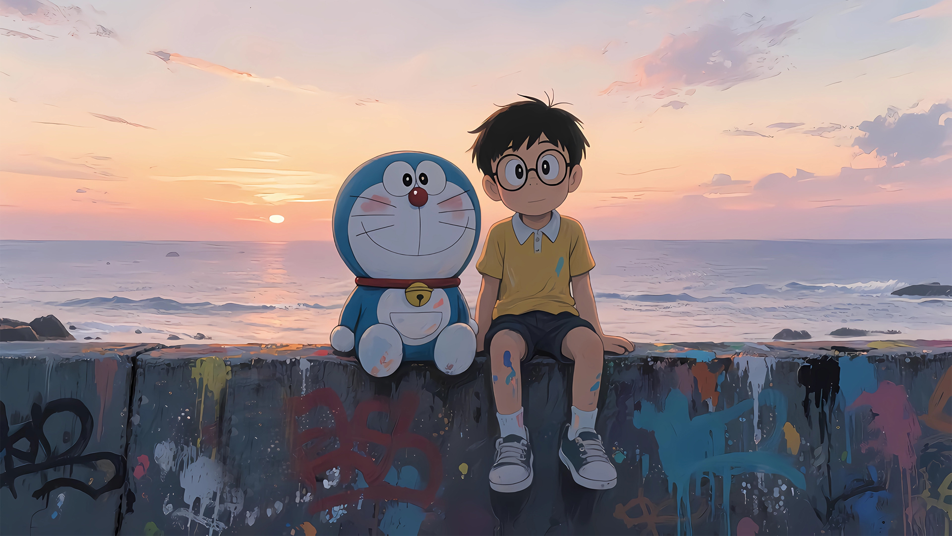 海边涂鸦哆啦A梦大雄动漫电脑壁纸，免费下载