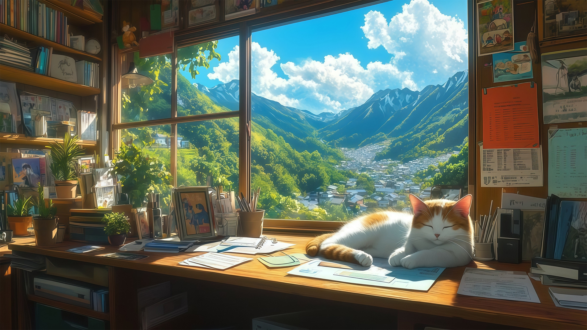 花猫相伴窗前书桌，窗外治愈系风景壁纸免费下载