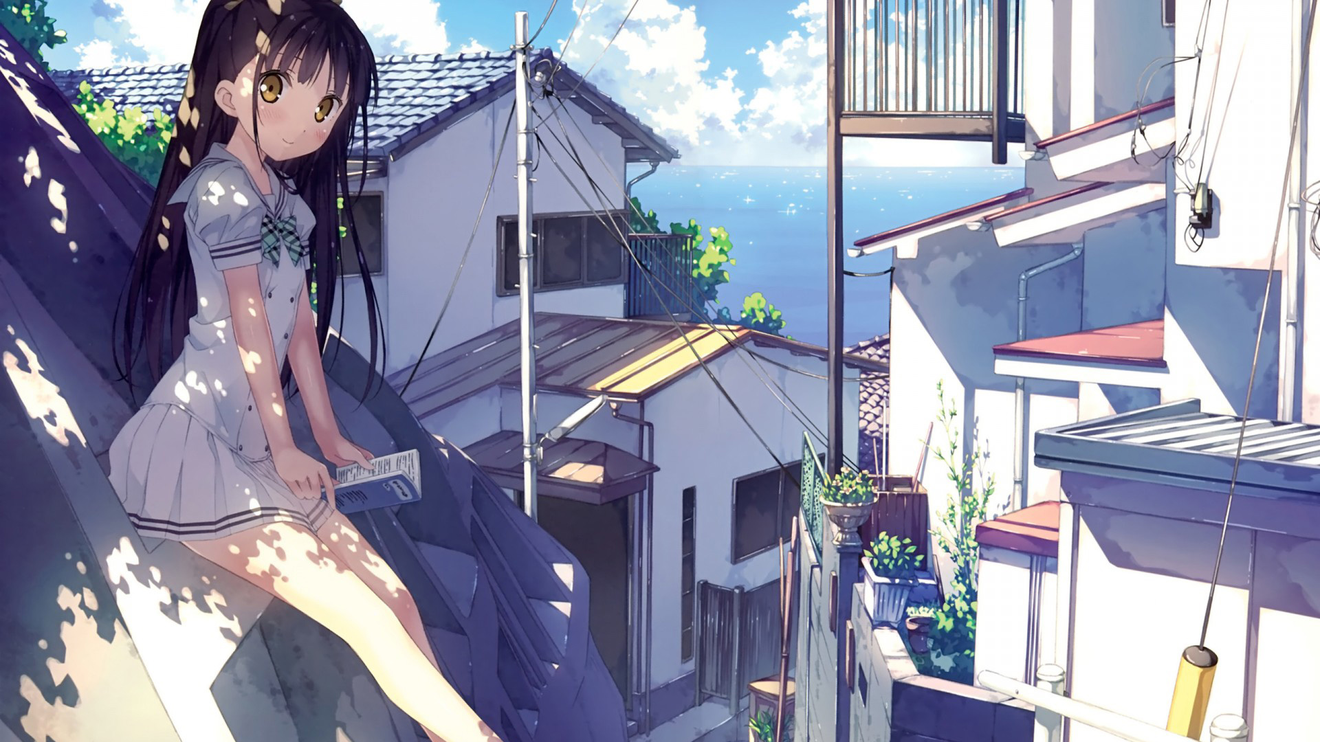 女孩，海边城市，书，房子，树，大海，天空，可爱动漫美少女壁纸