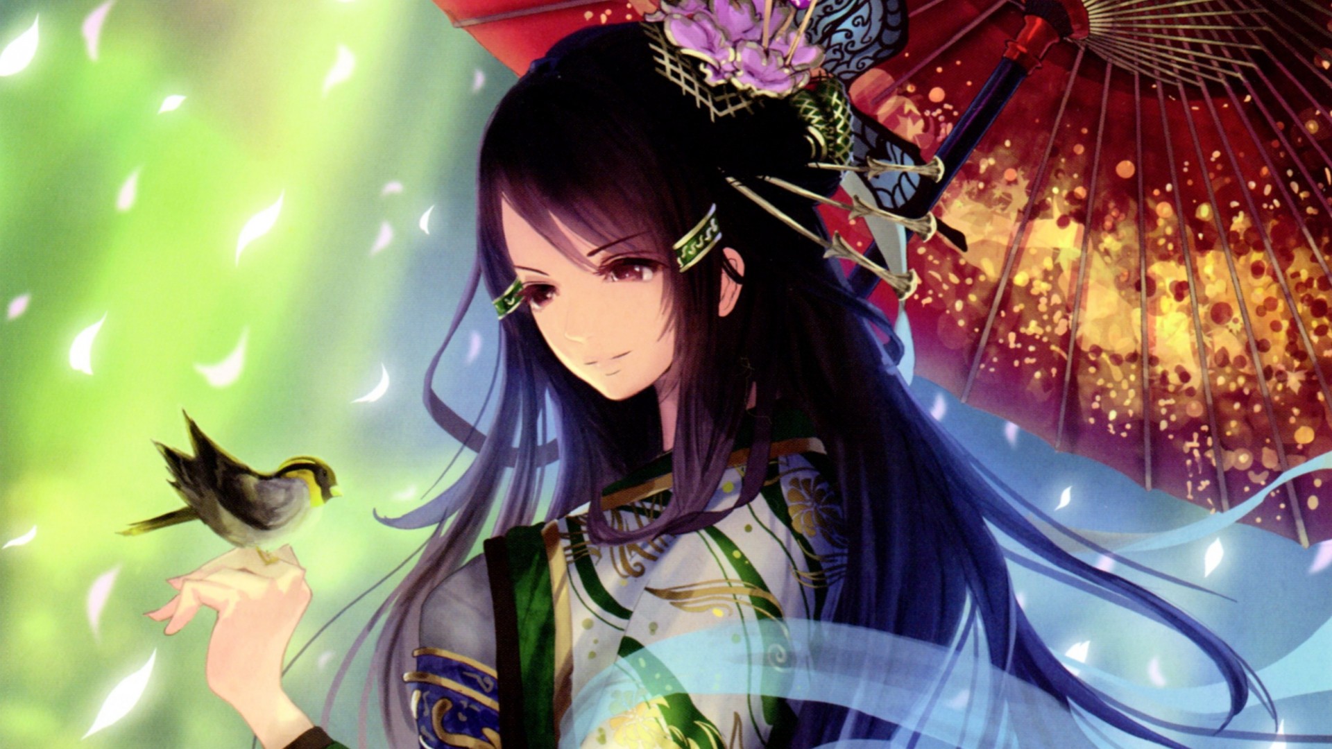 女孩古风服饰，唯美动漫壁纸，伞下鸟儿飞翔天空，羽毛轻舞，免费下载！