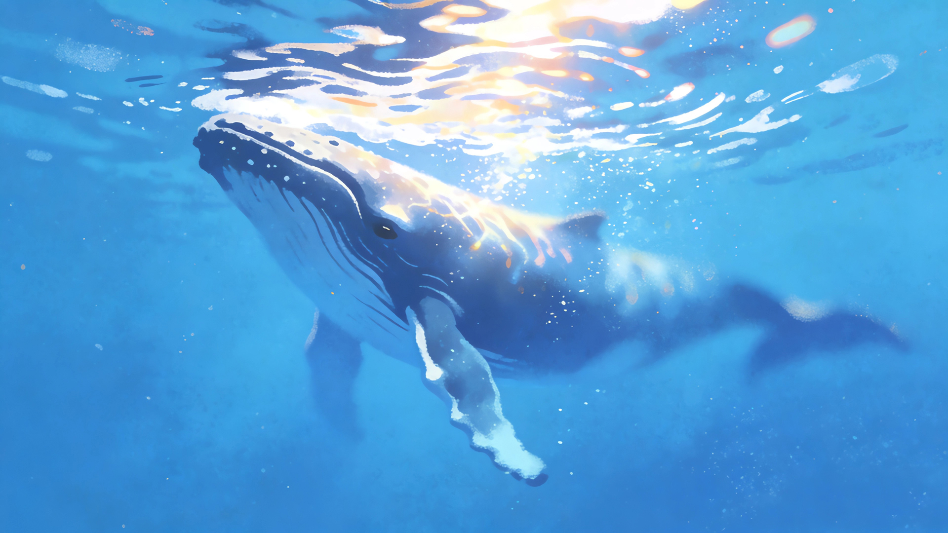 鲸鱼畅游蓝色大海绘画，免费动物电脑桌面壁纸下载