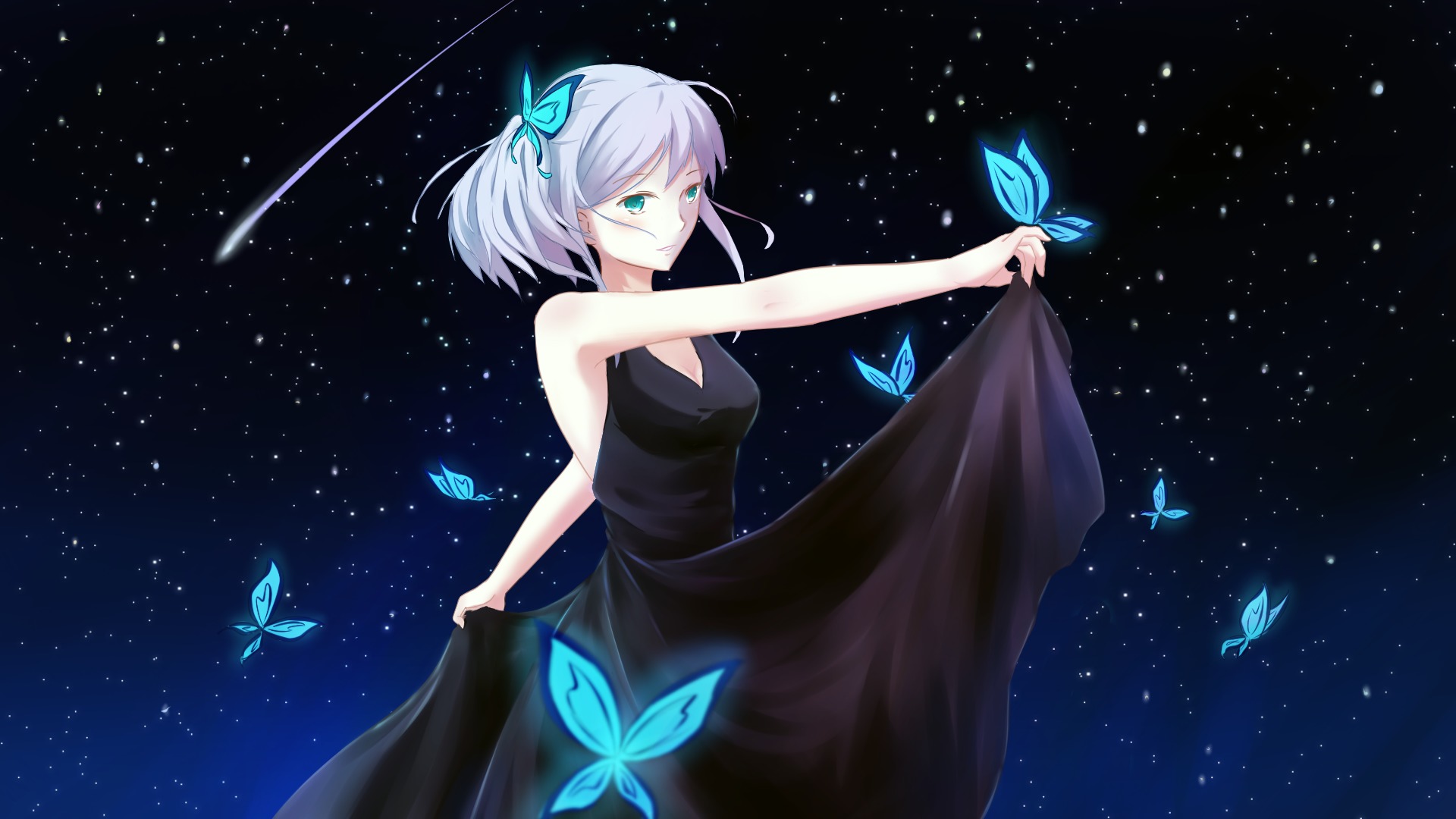 黑色长裙女孩与青色蝴蝶，星空流星下的梦幻动漫壁纸，免费下载